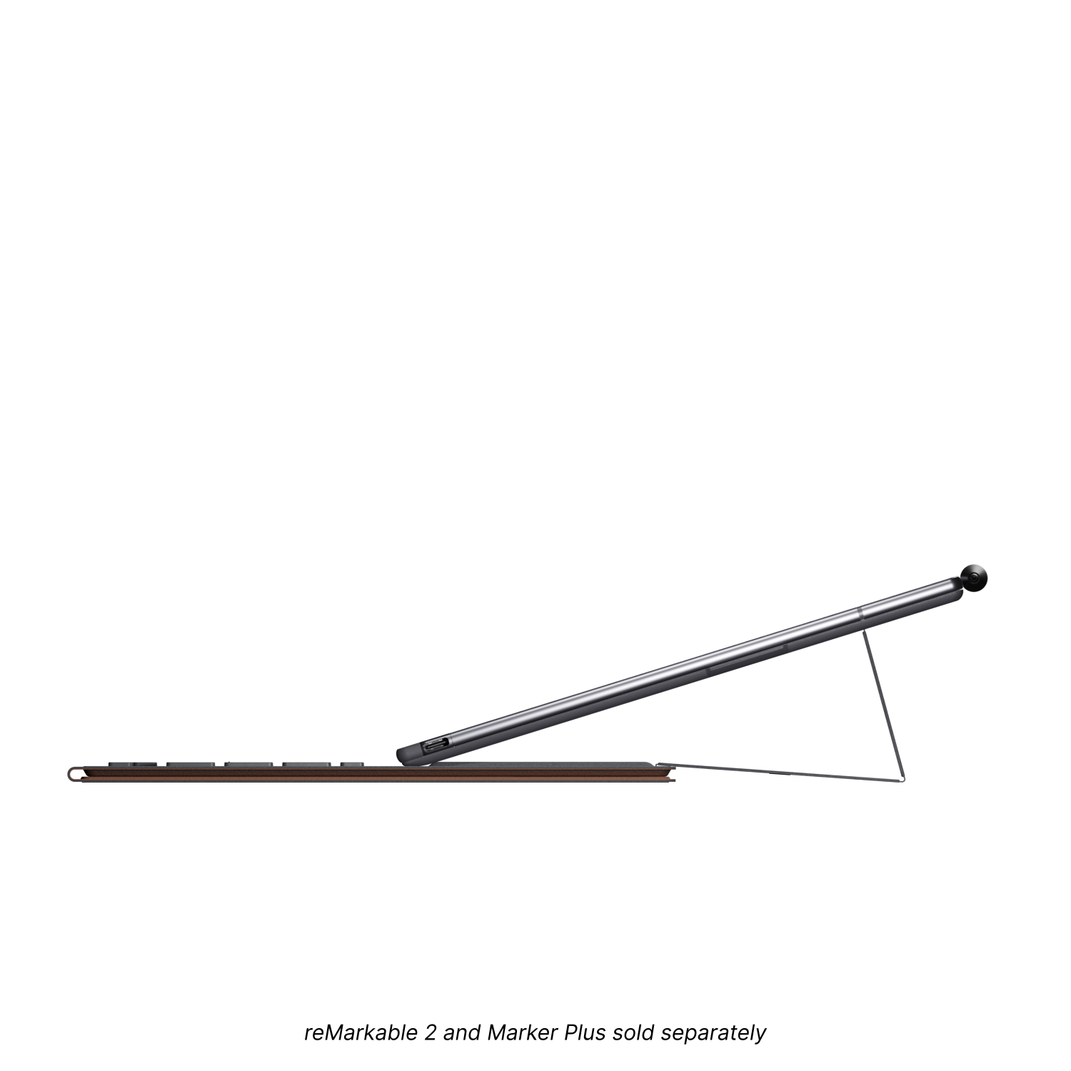 Een tablet en stylus, op een wit oppervlak, met tekst onderaan: reMarkable 2 en Marker Plus.