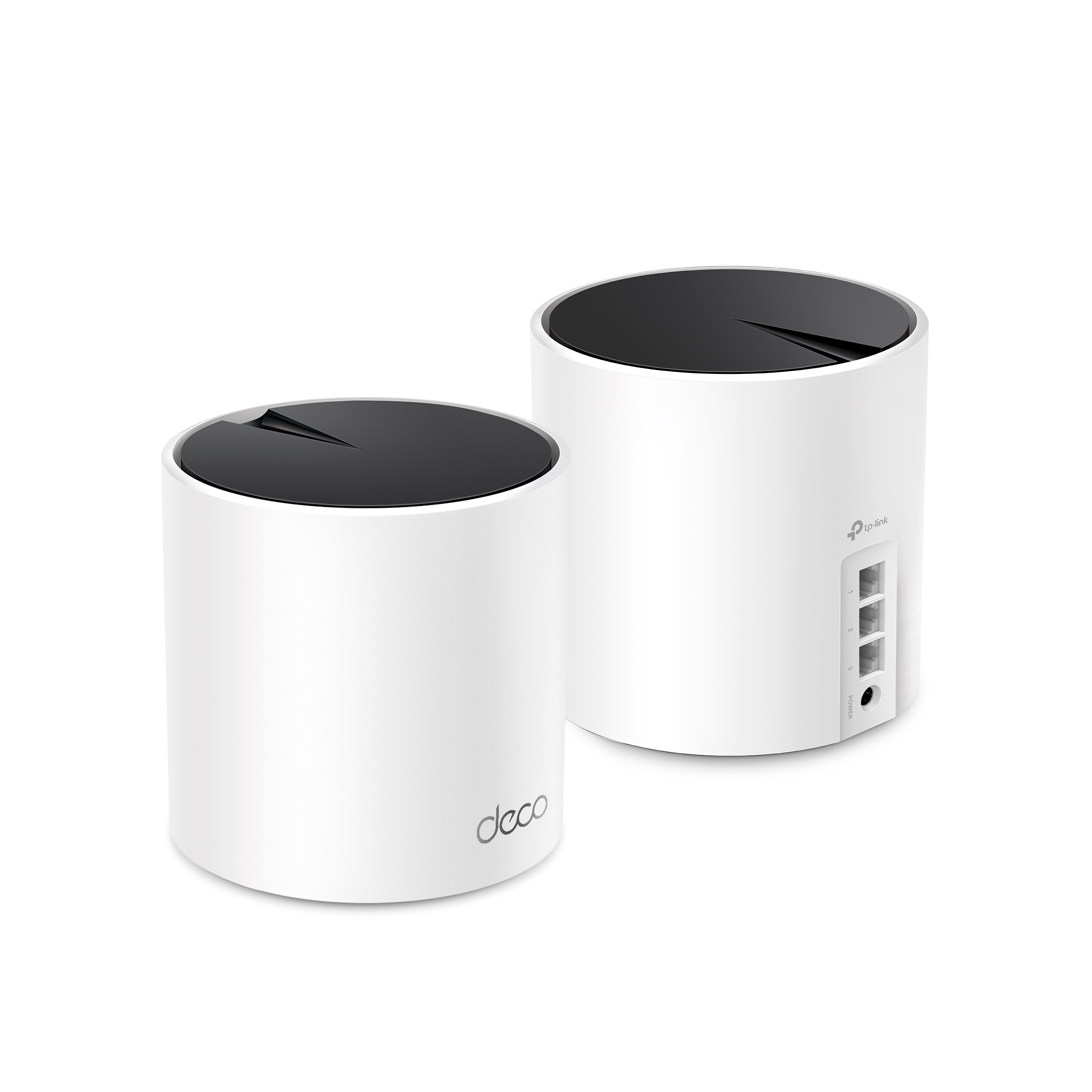 Dos dispositivos cilíndricos blancos con tapas negras, posiblemente dispositivos wifi de malla, sobre un fondo blanco.