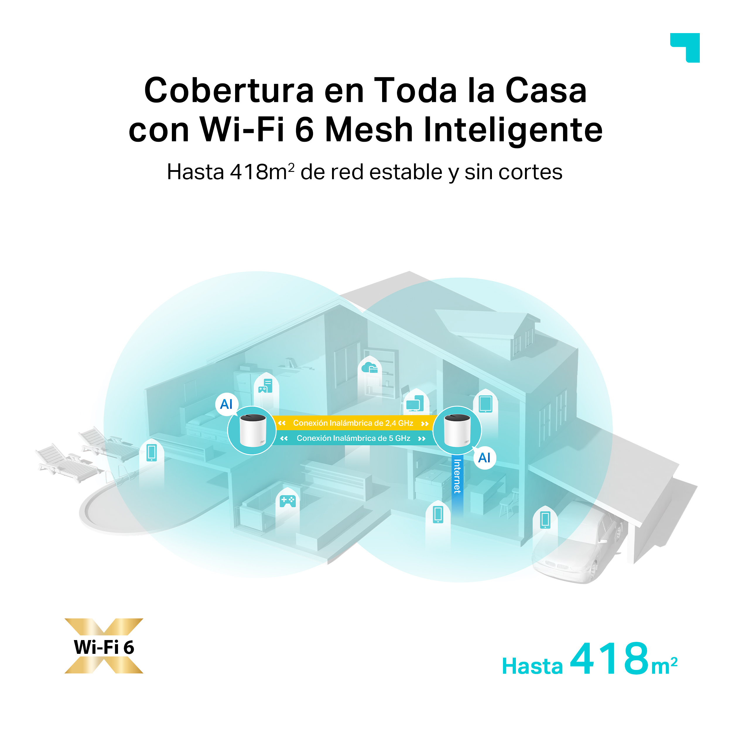 Una casa ilustrada con cobertura de señal wifi en toda la casa.