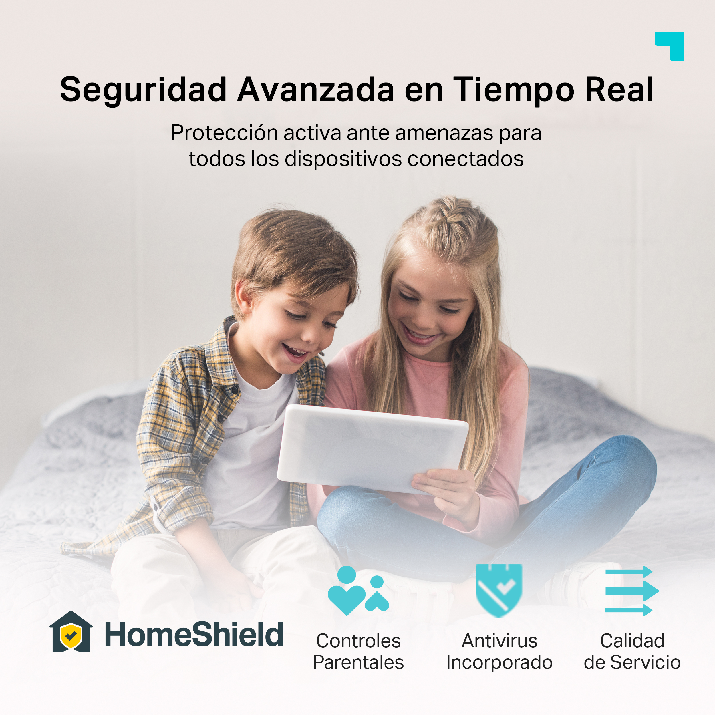 Dos niños usando una tableta, sonriendo. Íconos de HomeShield, control parental, antivirus y calidad de servicio abajo.