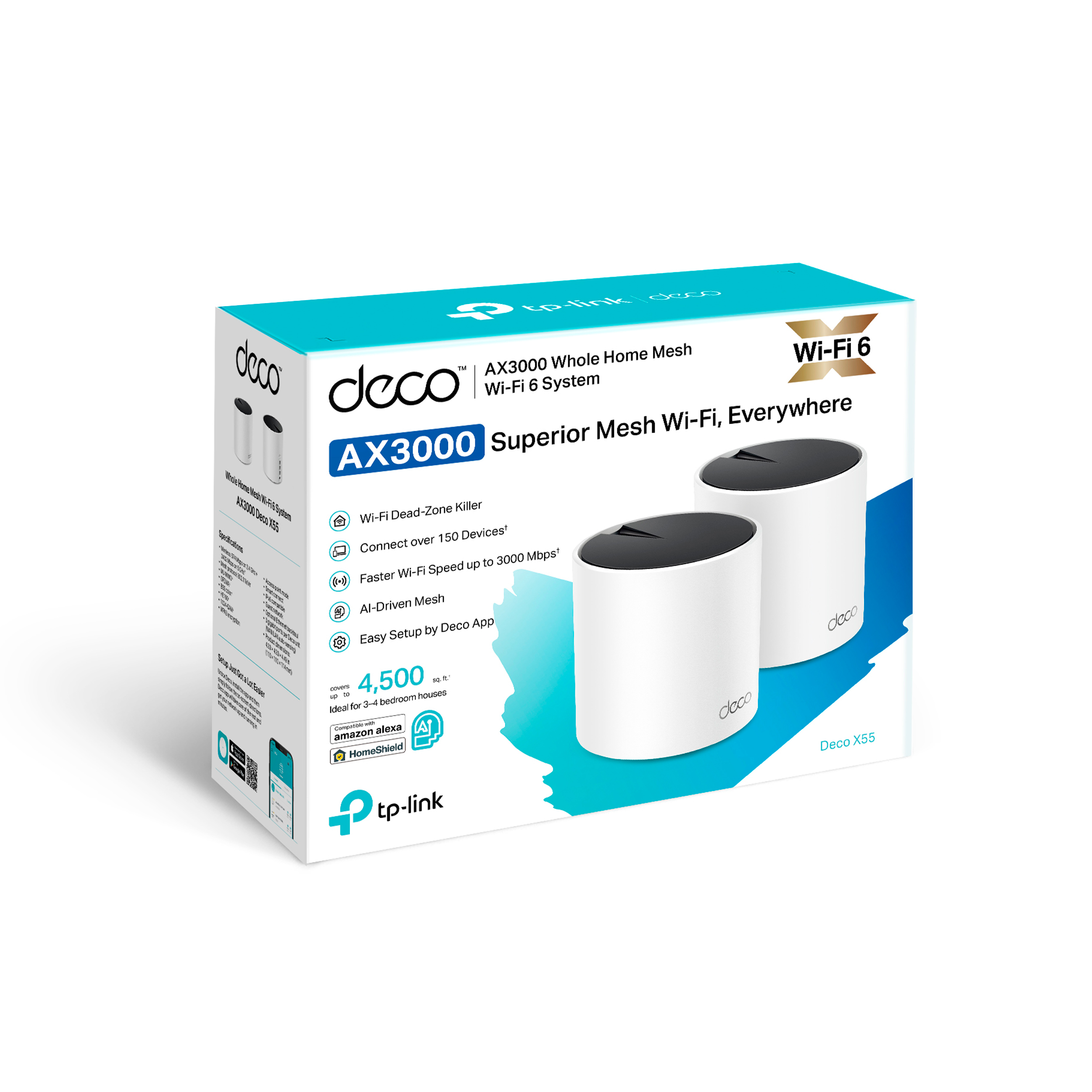 Una caja blanca de un sistema de malla TP-Link Deco X55 Wi-Fi 6, con dos dispositivos cilíndricos dentro.