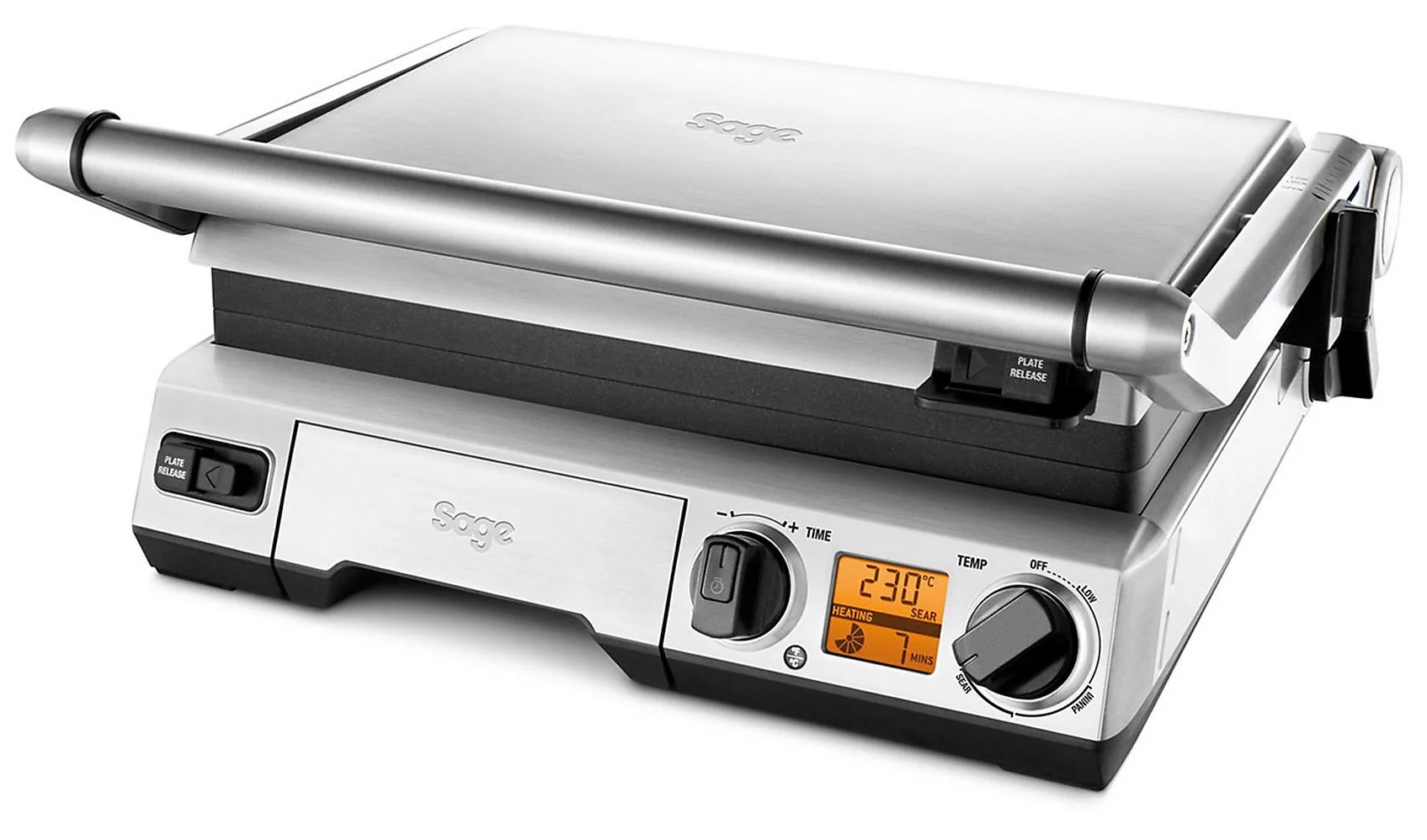 Ezüst és fekete Sage grill digitális kijelzővel, amely a hőmérsékletet és az időzítő beállításait mutatja.