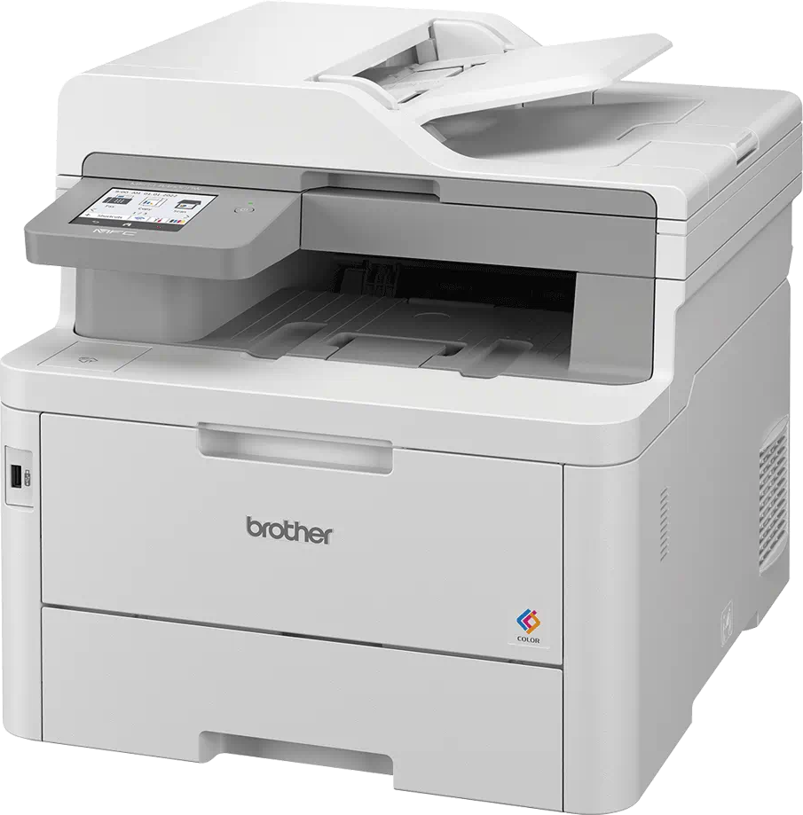 Weißer Brother-Farbdrucker, Vorderansicht, mit geöffneten Fächern.