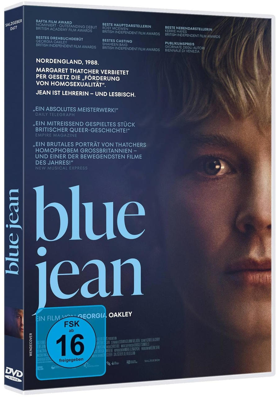 DVD-Hülle des Films 'Blue Jean' mit Frauengesicht, Filmtitel und Text zum Film.