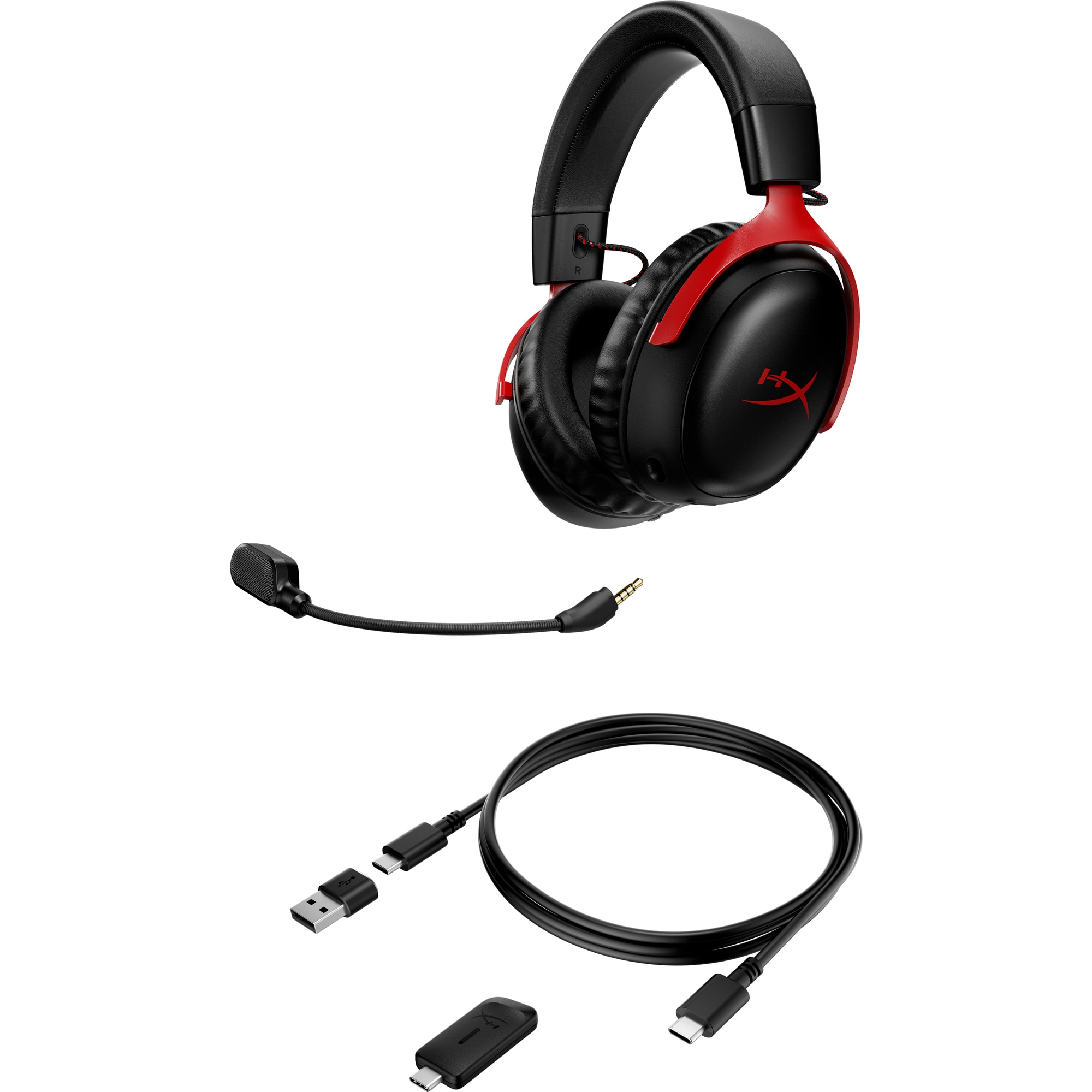 Siyah ve kırmızı oyun kulaklığı, çıkarılabilir mikrofon ve bağlantı kabloları. USB ve USB-C.