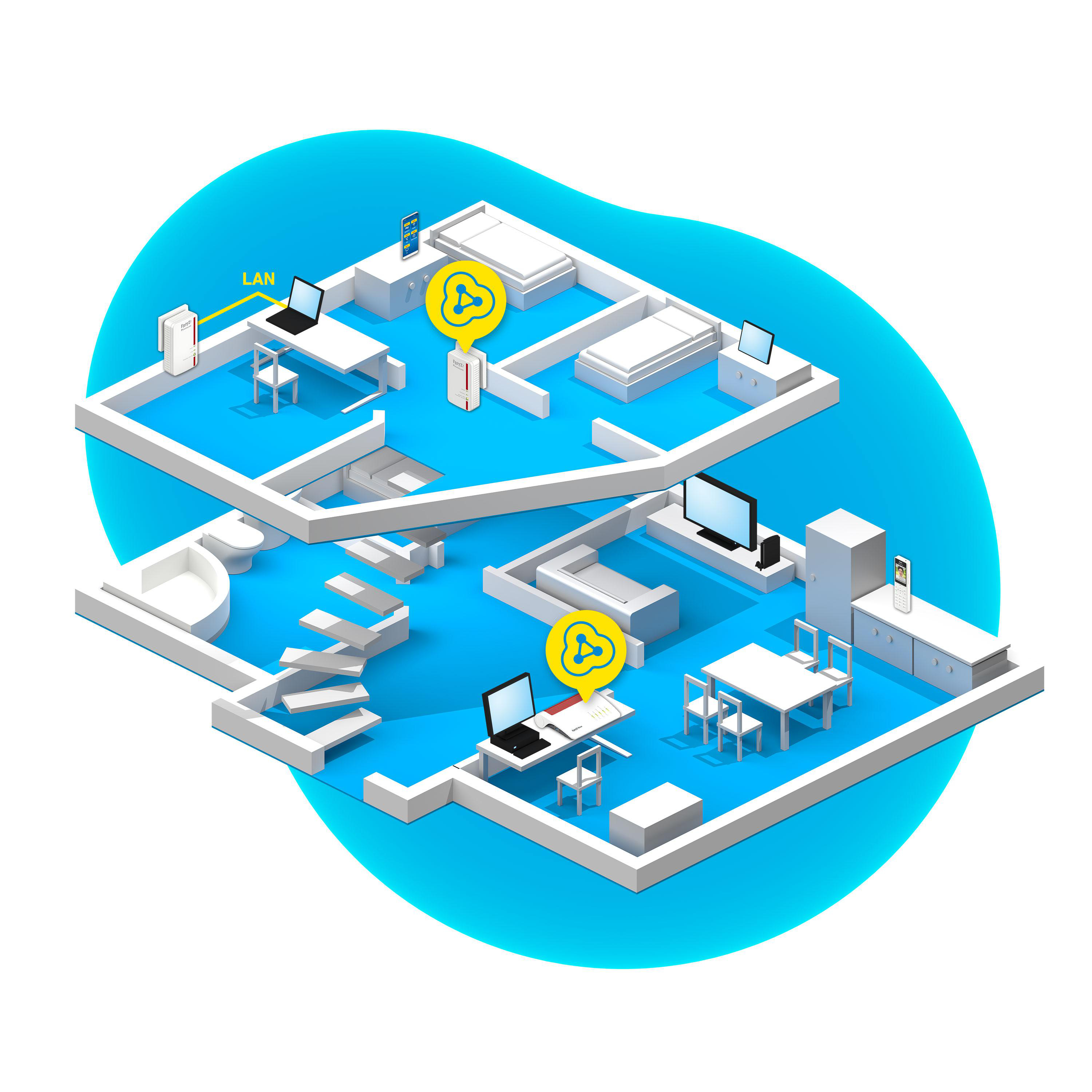 Isometrische Ansicht eines Hausplans mit WLAN-Abdeckungszonen. Enthält Möbel und Geräte auf blauem Hintergrund.