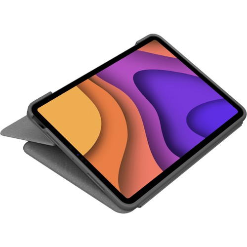Koyu gri kılıf içinde tablet, soyut turuncu ve mor bir görüntü sergiliyor.
