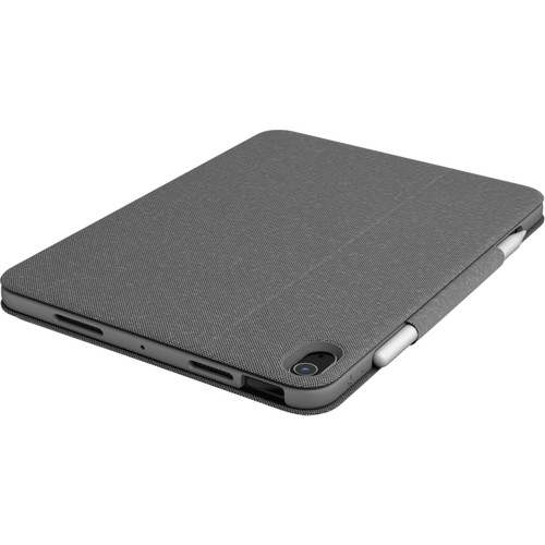 Kalemli gri tablet kılıfı, kapalı, bir yüzey üzerinde, bağlantı noktalarını gösteriyor.