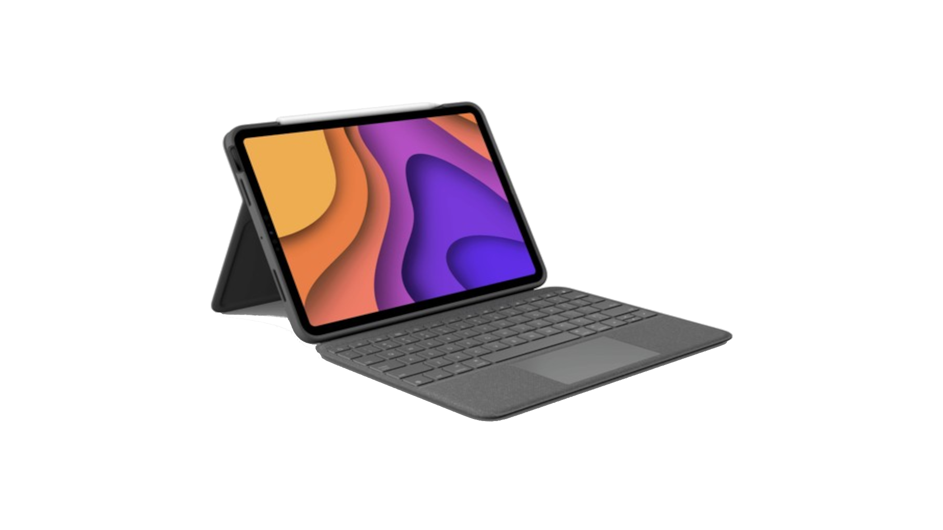 Klavye ve kılıfı olan bir tablet. Ekran, turuncu, mor ve sarı renklerle soyut bir tasarım gösteriyor.