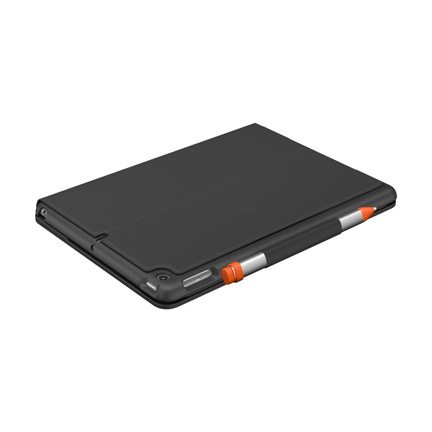Bir kalem takılı siyah bir tablet kılıfı, yüksek bir perspektiften görülüyor.