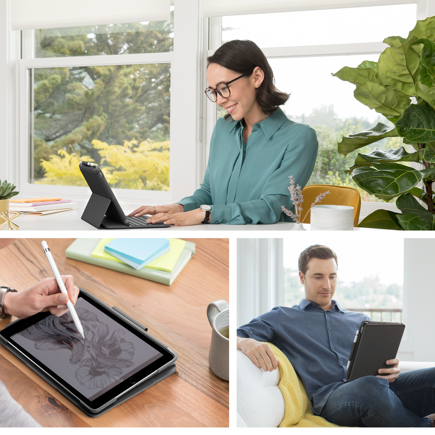 Üç görüntü. Kadın klavyede yazıyor, diğeri tablet çiziyor, adam tablet kullanıyor.