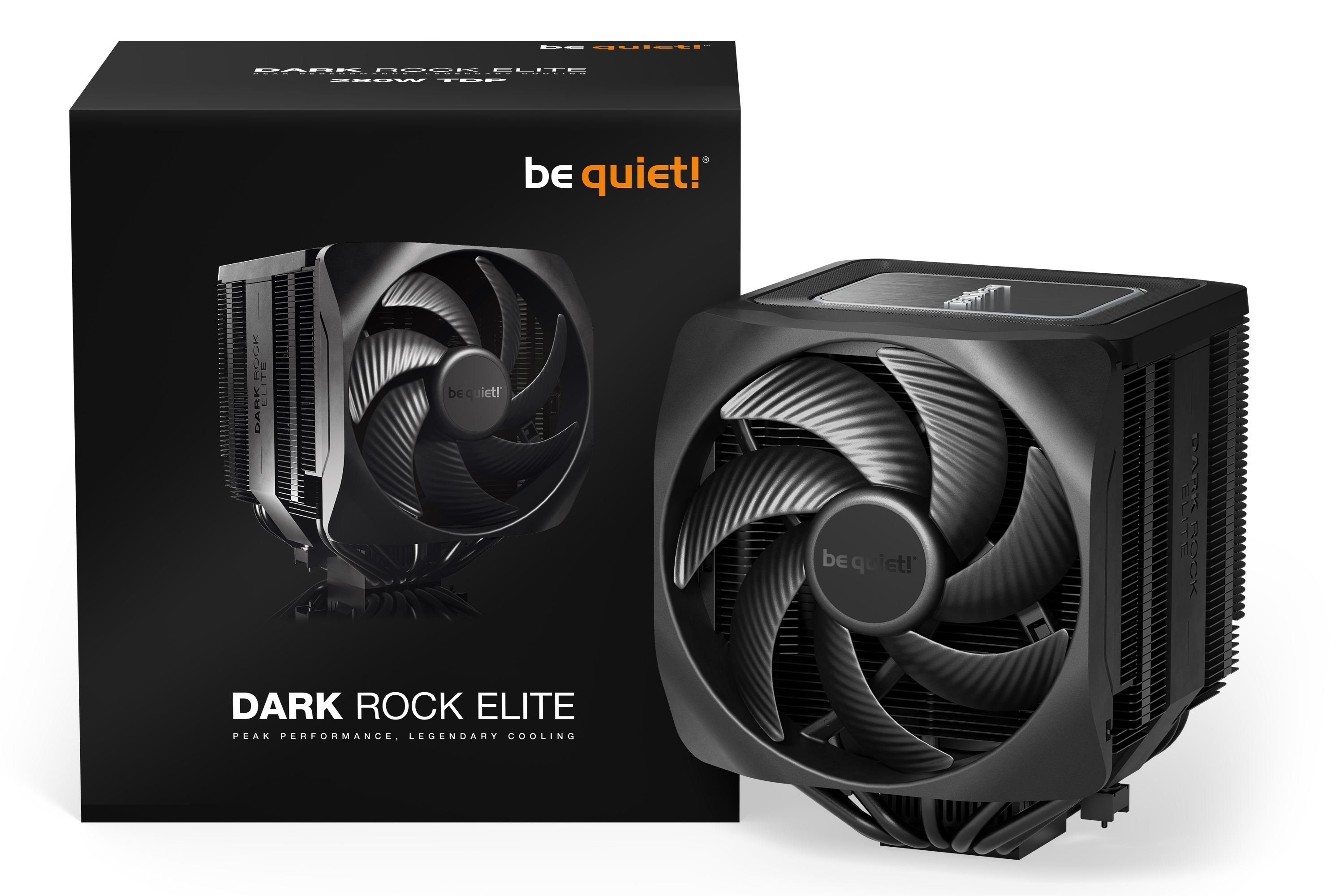 Ein schwarzer be quiet! Dark Rock Elite CPU-Kühler. Die Box ist sichtbar, und der Kühler steht vor der Box.