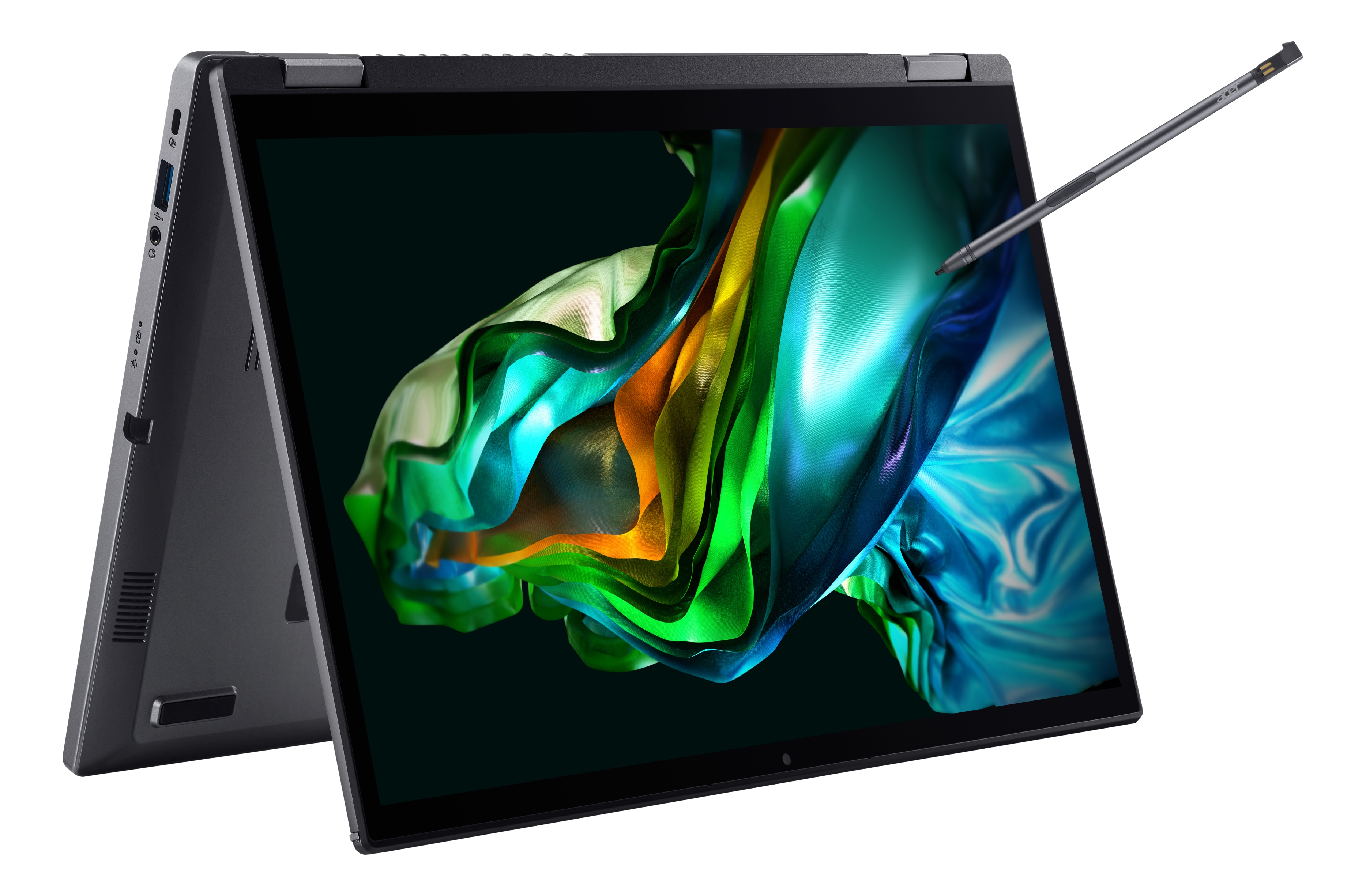 Schwarzer Laptop mit Stift, Bildschirm zeigt farbenfrohe abstrakte Kunst. Der Laptop ist halb geöffnet.