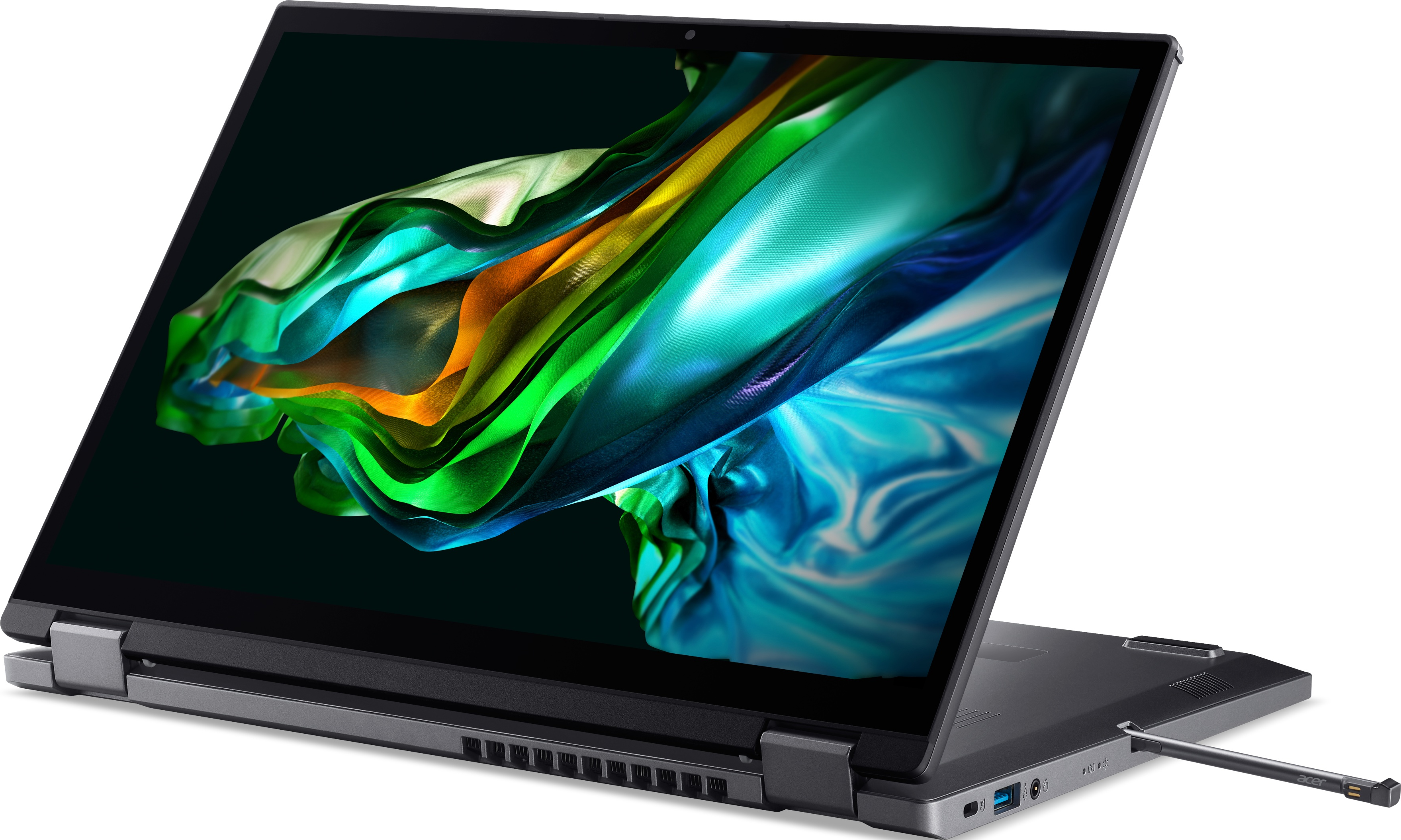Ein schwarzer Laptop mit geöffnetem Bildschirm. Der Bildschirm zeigt ein buntes abstraktes Design.