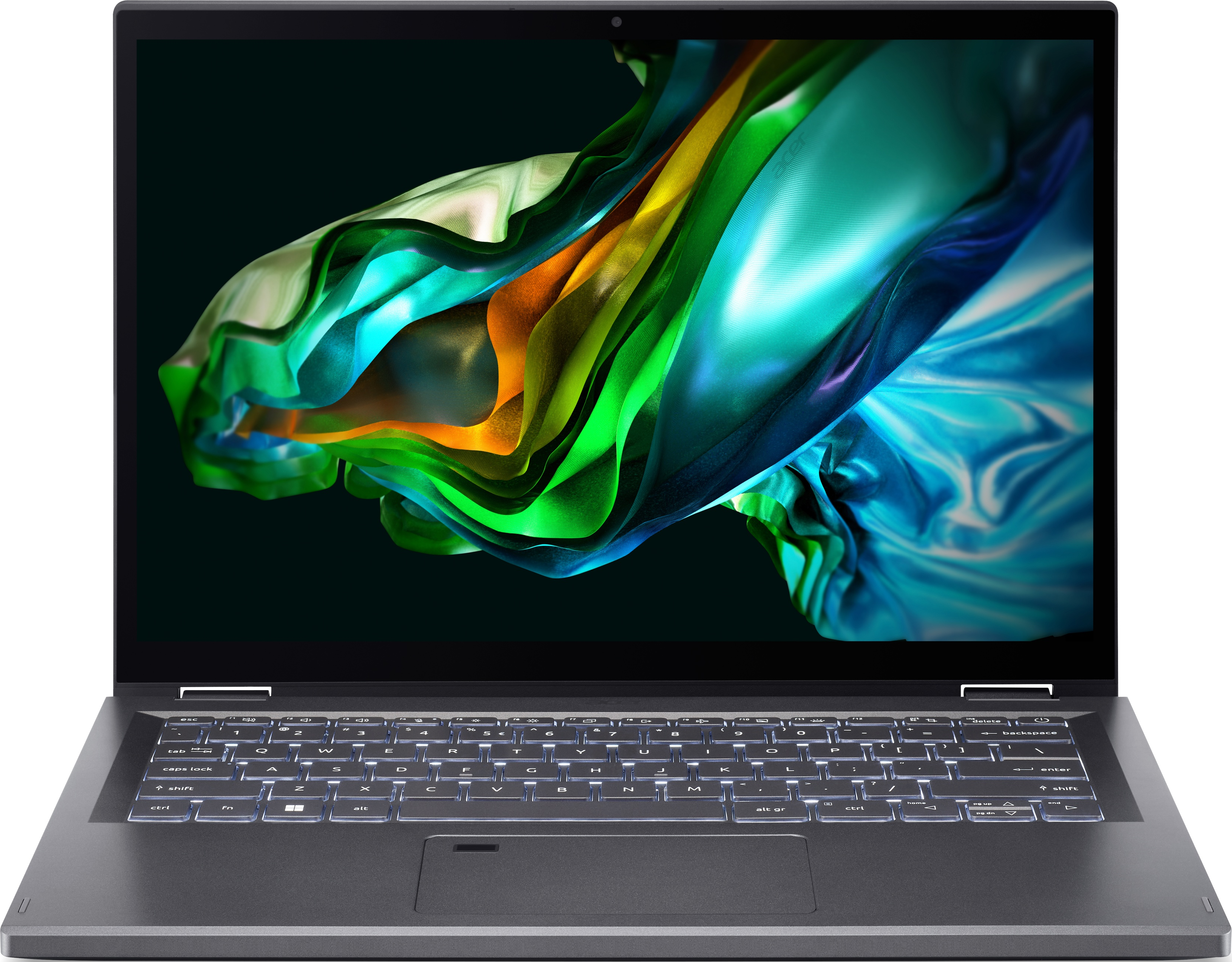 Laptop mit farbenfrohem Bildschirm. Tastatur und Trackpad sind sichtbar. Der Hintergrund ist weiß.