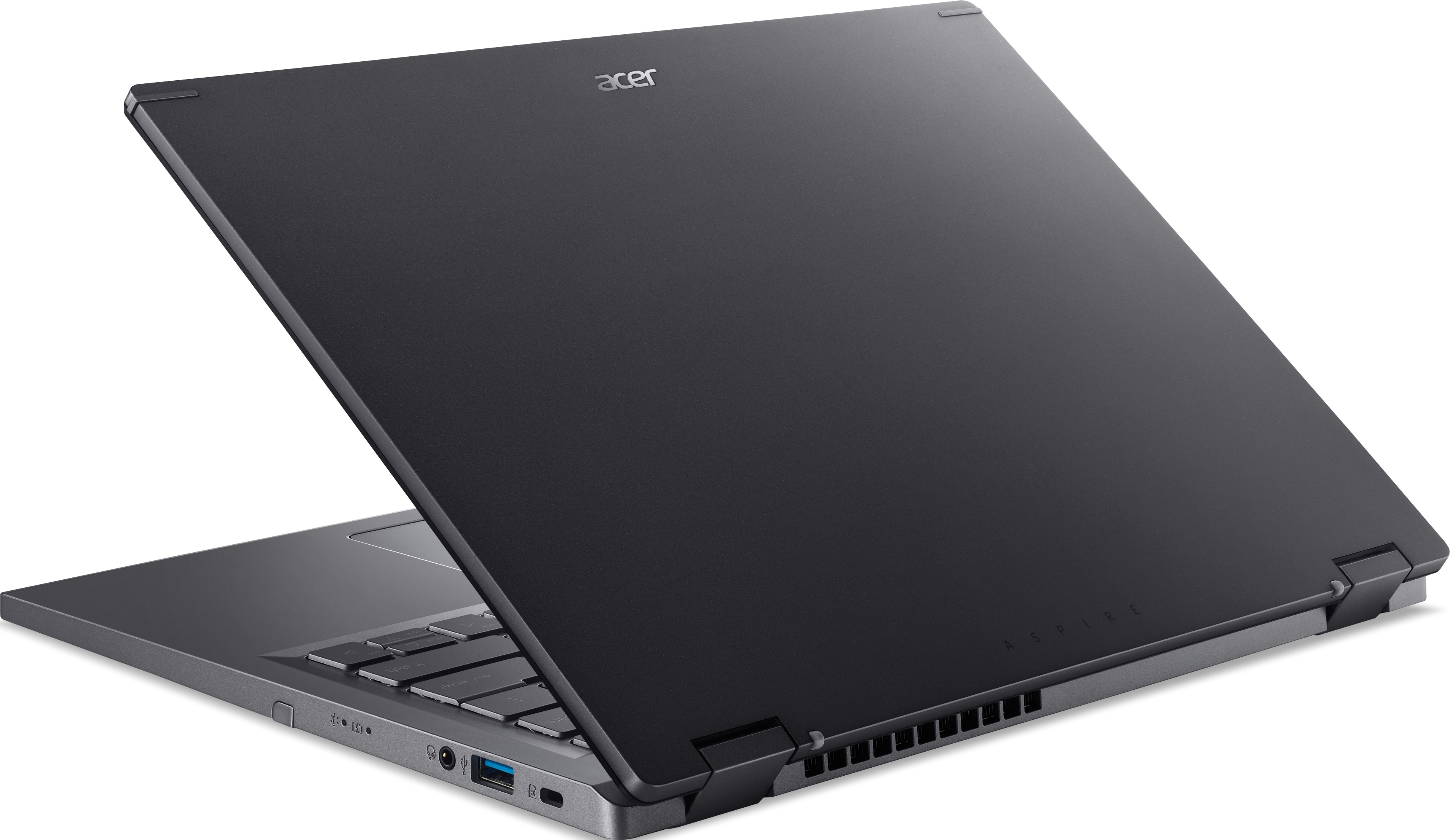 Schwarzer Laptop, leicht geöffnet. Acer-Logo sichtbar. Die Rückseite des Laptops ist sichtbar. Weißer Hintergrund.