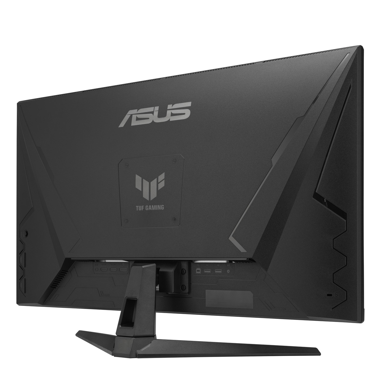 Moniteur de jeu ASUS TUF noir. Vue arrière montrant les ports, le support et les logos ASUS et TUF GAMING.