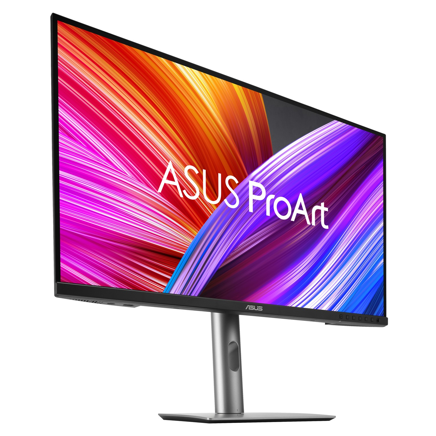 Asus ProArt monitor met een kleurrijk scherm. De monitor heeft een zilveren voet en een zwarte rand.
