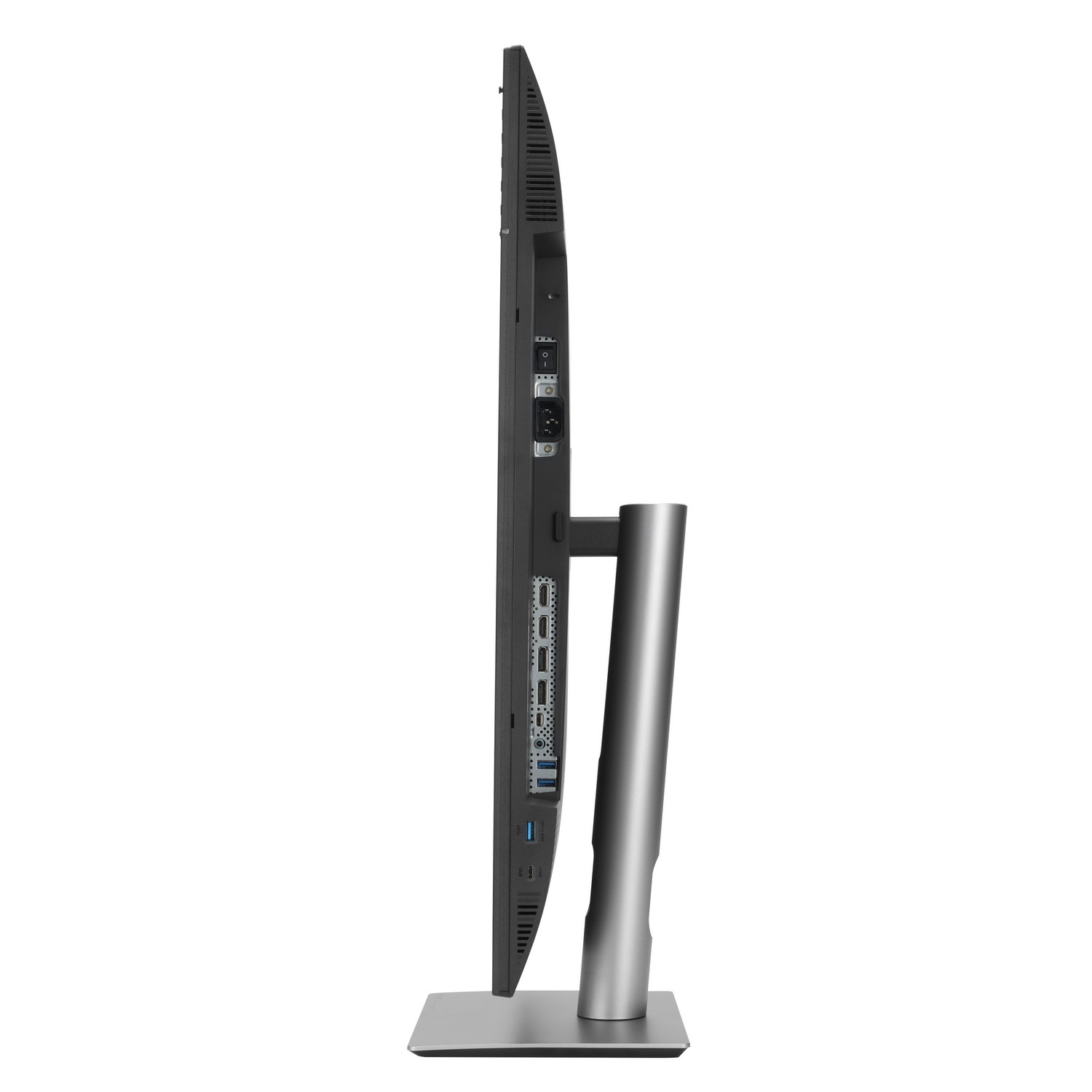 Een zijaanzicht van een computermonitor met een metalen standaard en een dunne rand.