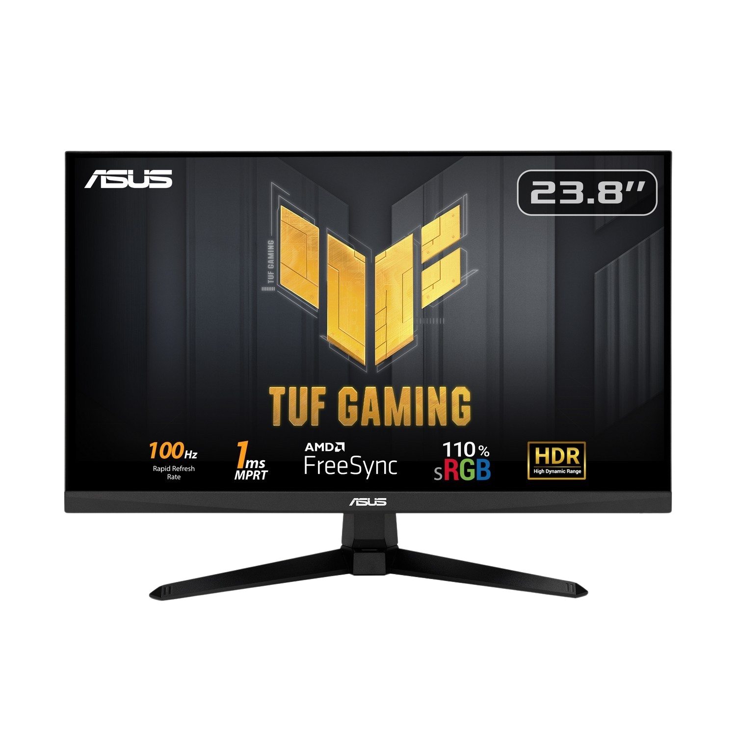 Moniteur ASUS TUF Gaming, cadre noir, reflets jaunes, affichant un écran avec interface de jeu et spécifications.