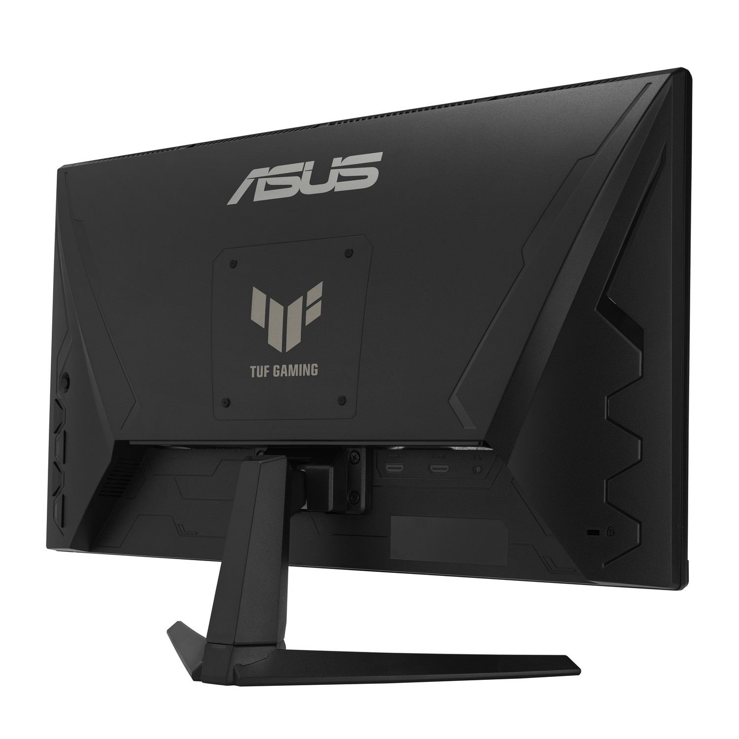 Vue arrière d'un moniteur Asus TUF Gaming noir, avec un support.