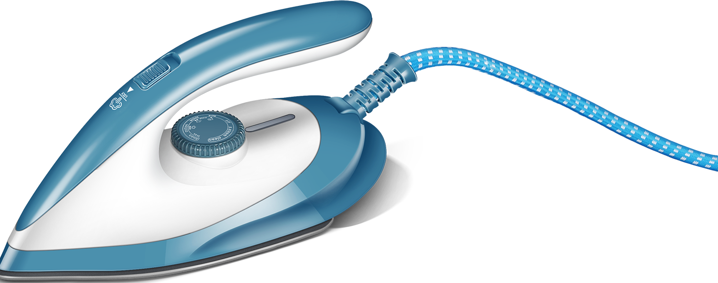 Blau-weißes Dampfbügeleisen mit gemustertem Kabel, isoliert auf schwarzem Hintergrund.