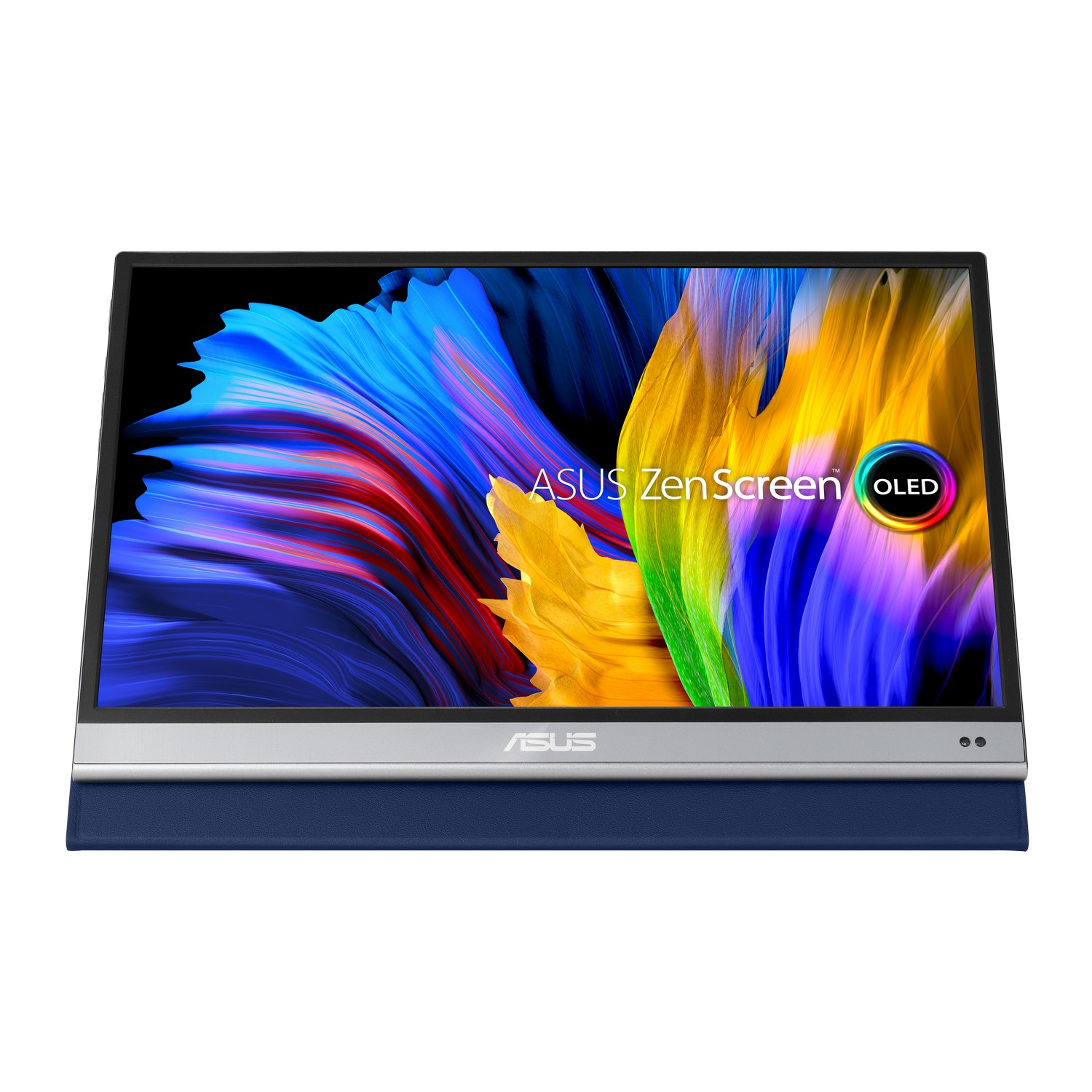 Moniteur Asus ZenScreen OLED avec une housse bleue, affichant un écran coloré.