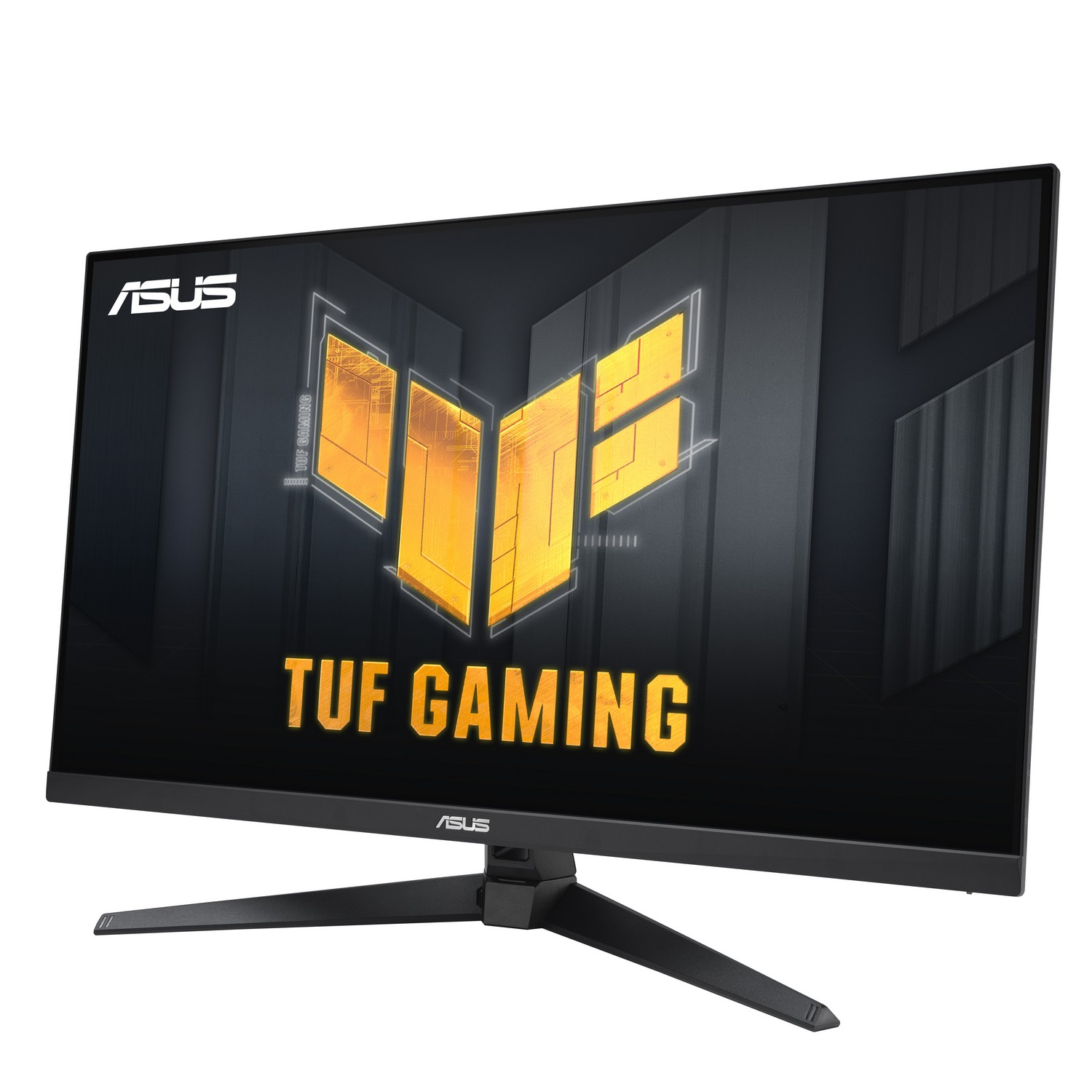 Écran ASUS TUF Gaming noir affichant un logo jaune sur un fond noir et jaune.