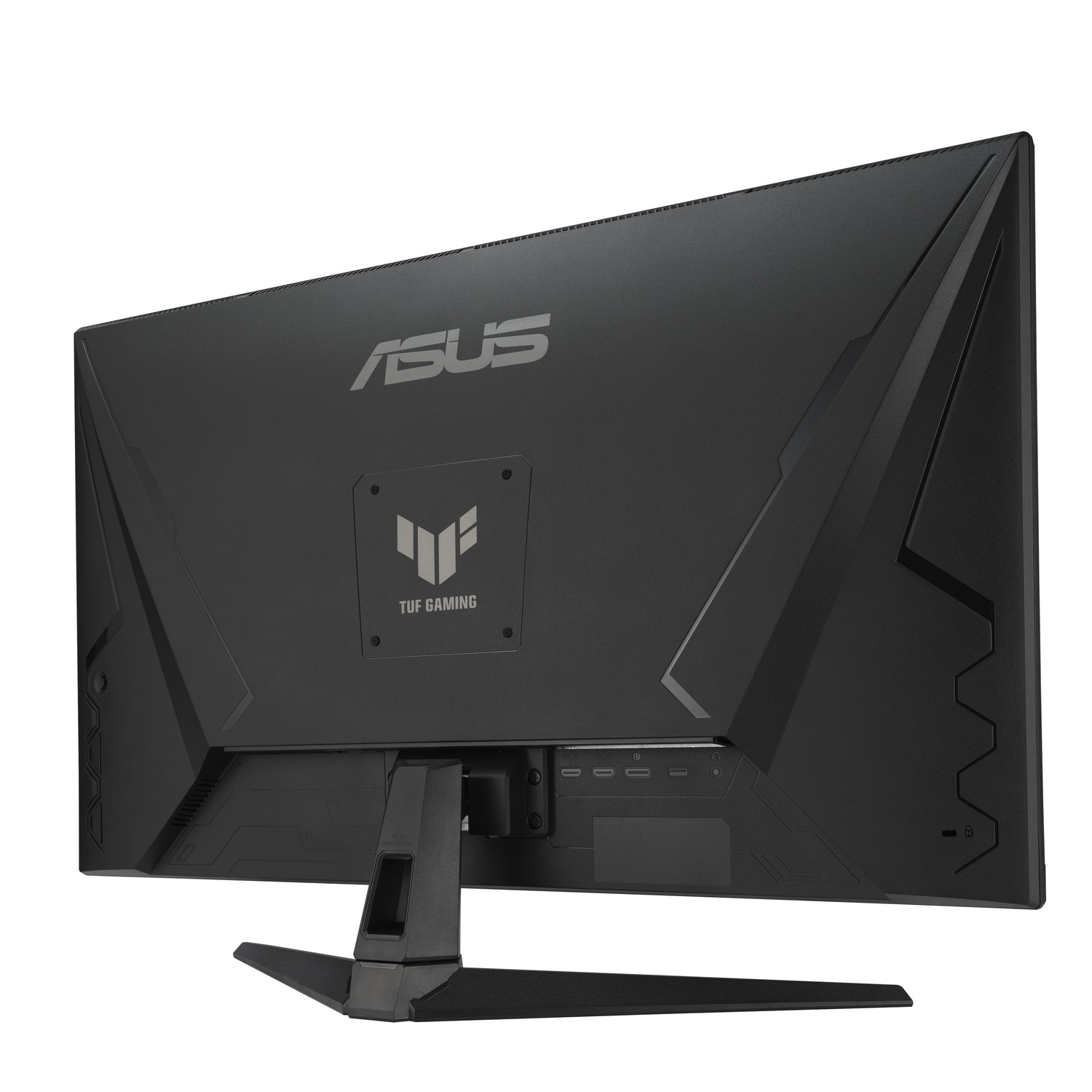 L'arrière d'un moniteur de jeu ASUS TUF noir. Il possède un pied et plusieurs ports.