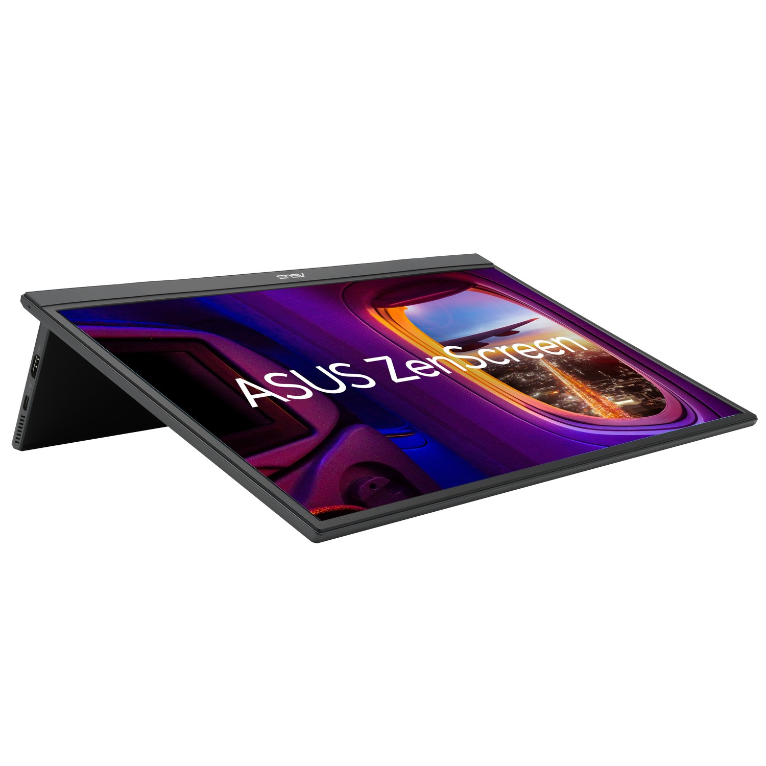 Asus ZenScreen avec un écran coloré et un cadre noir. Il est placé sur une surface blanche.