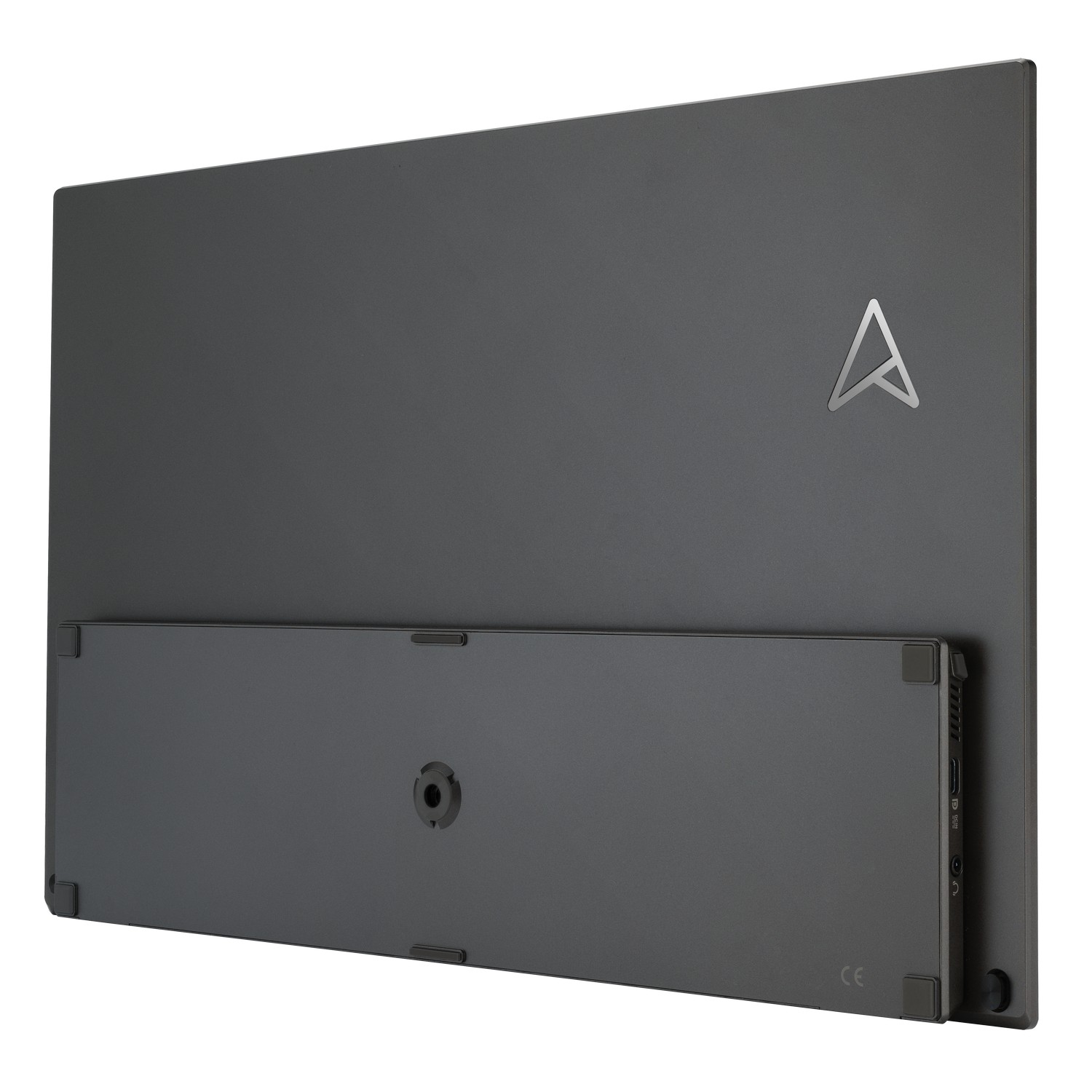 Arrière d'un moniteur ou d'une TV gris foncé avec le logo 'A' et les ports de connexion.