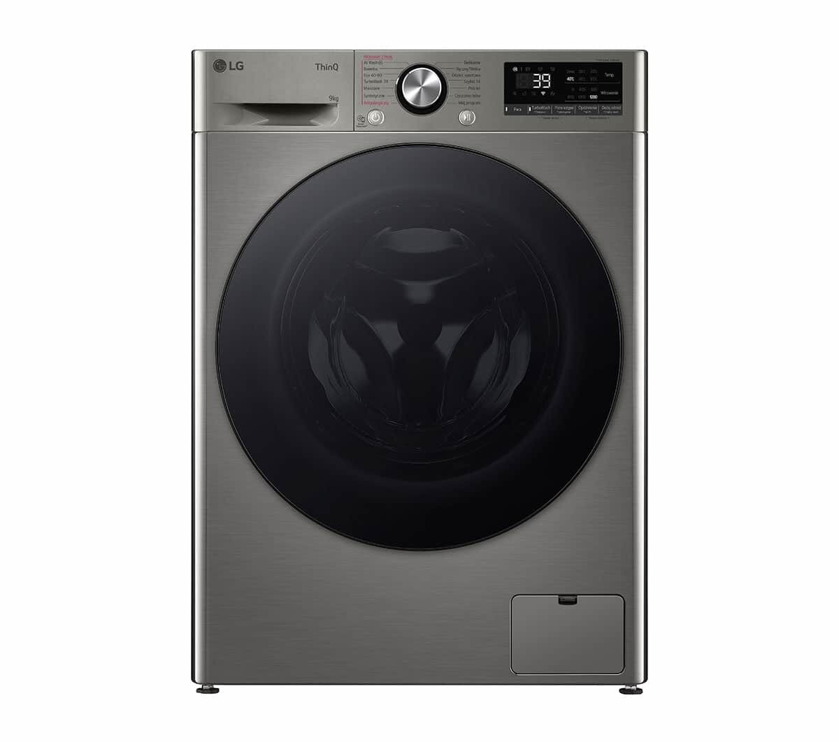 Srebrna pralka LG, z czarnymi drzwiami i cyfrowym wyświetlaczem.