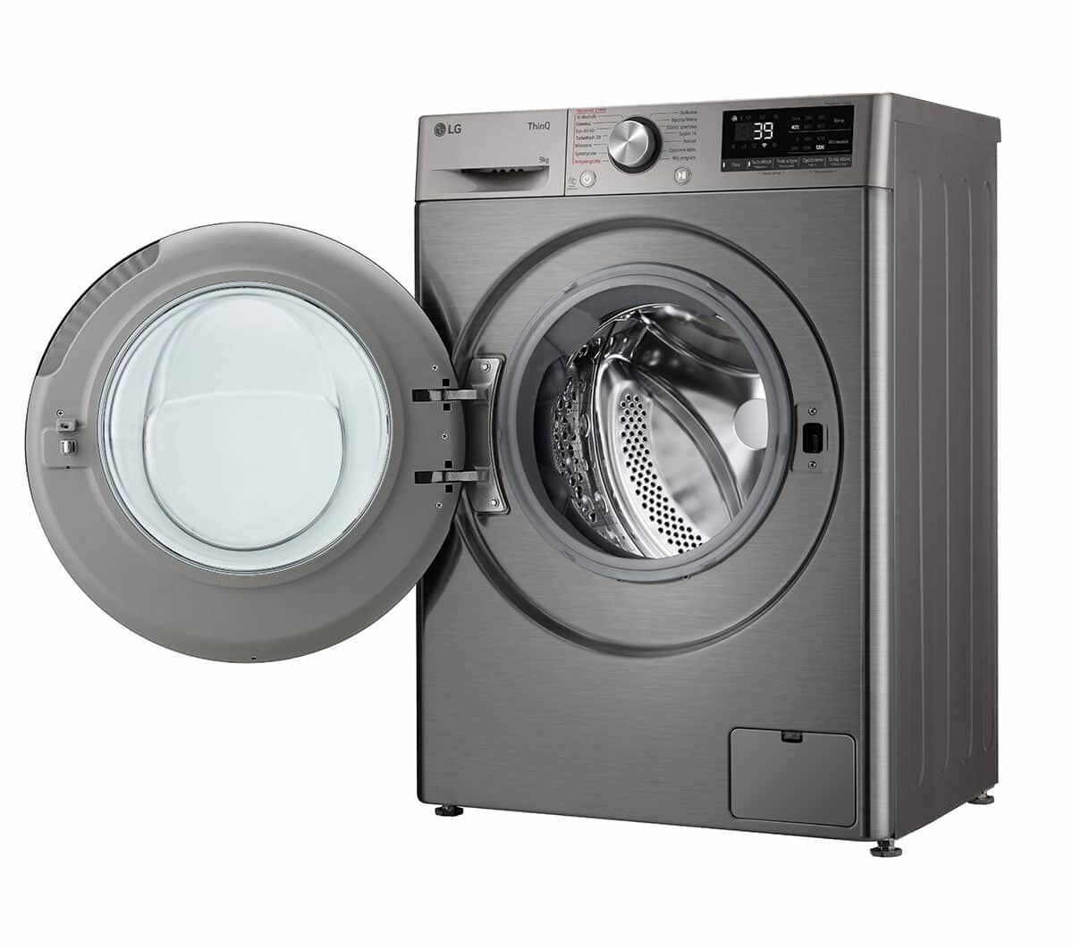 Srebrna pralka LG z otwartymi drzwiami, pokazująca bęben w środku.