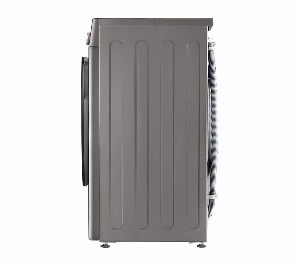 Szara pralka, widok z boku, pokazujący żebrowany tylny panel i wąż.