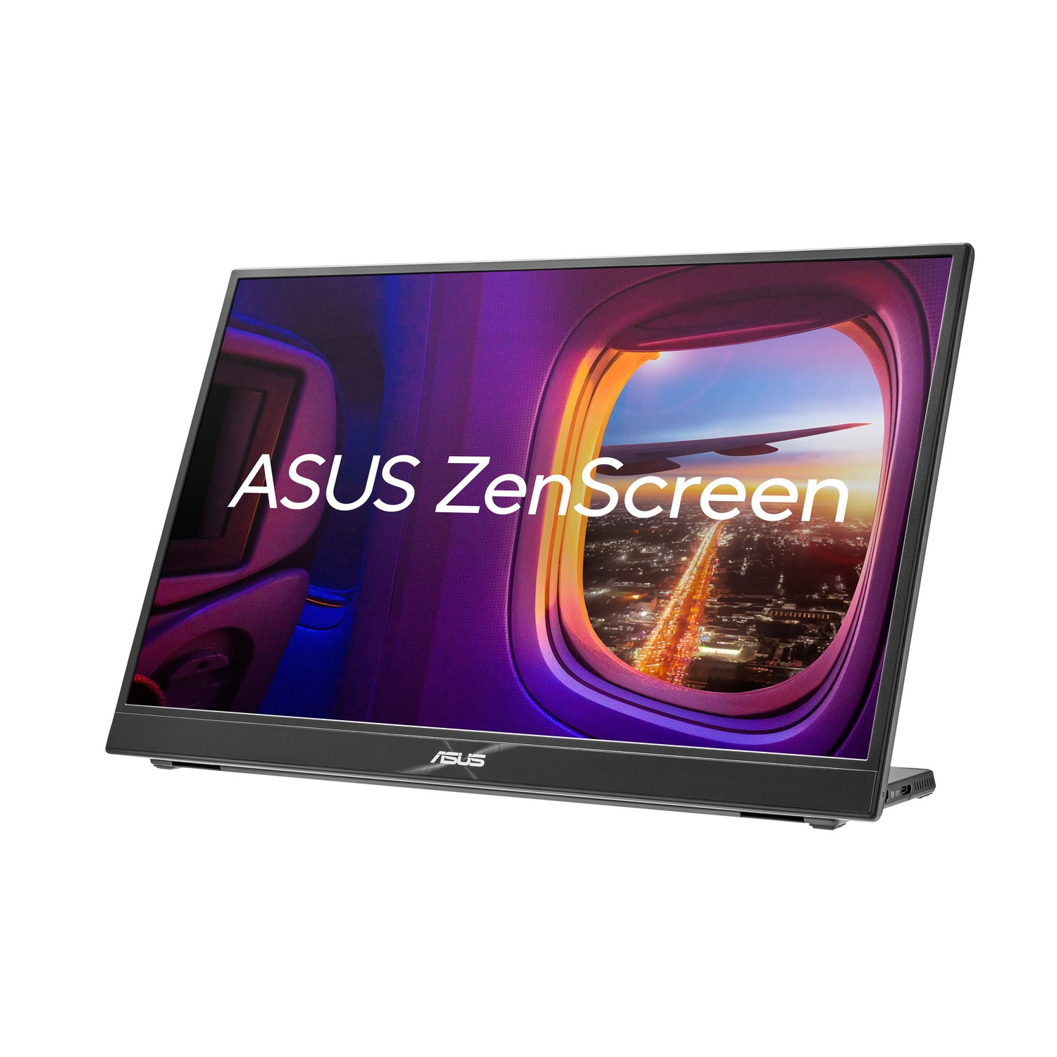 Moniteur portable ASUS ZenScreen montrant une vue de fenêtre d'un avion et des lumières de la ville.