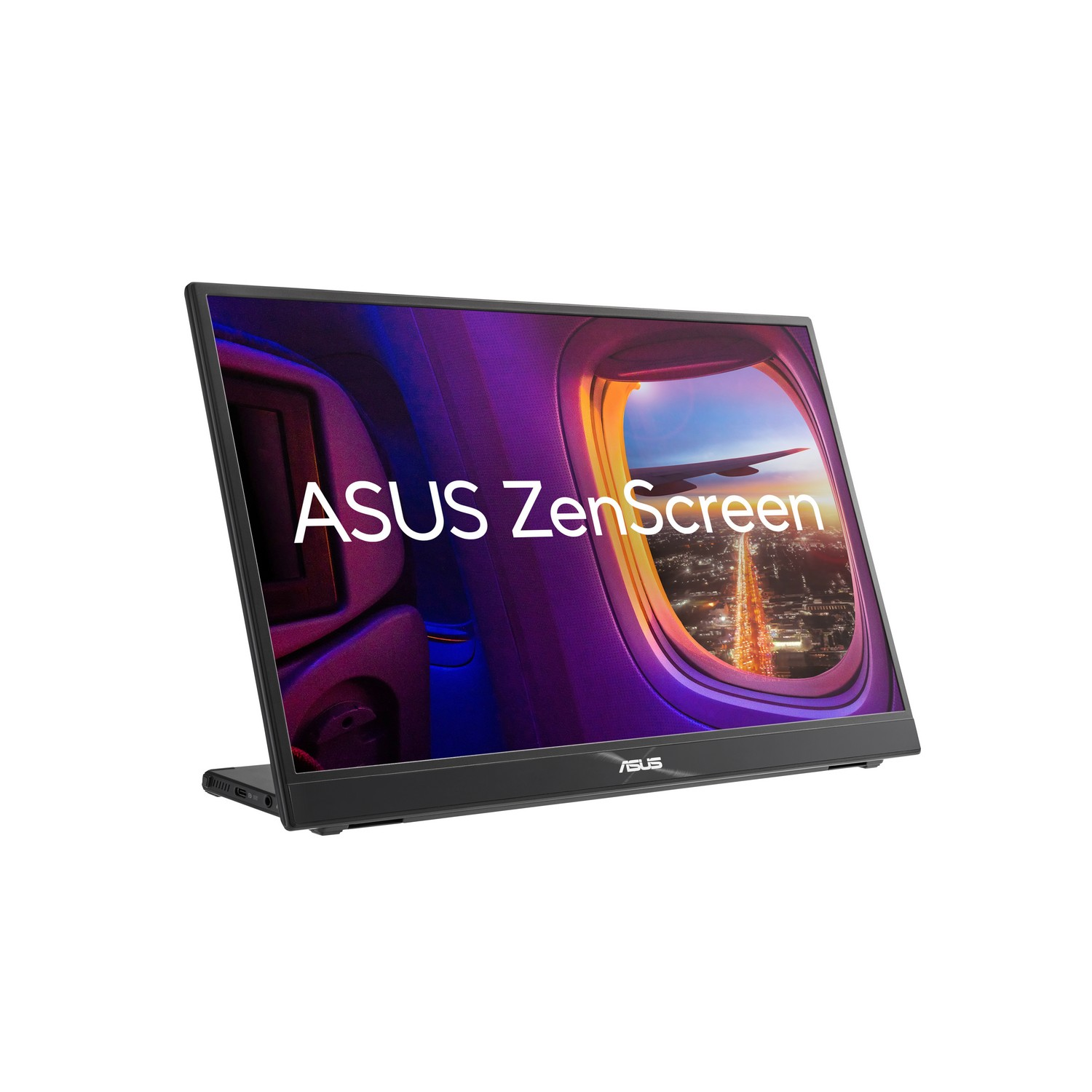 Moniteur ASUS ZenScreen. Cadre noir, l'écran affiche un ciel avec vue de fenêtre d'avion.
