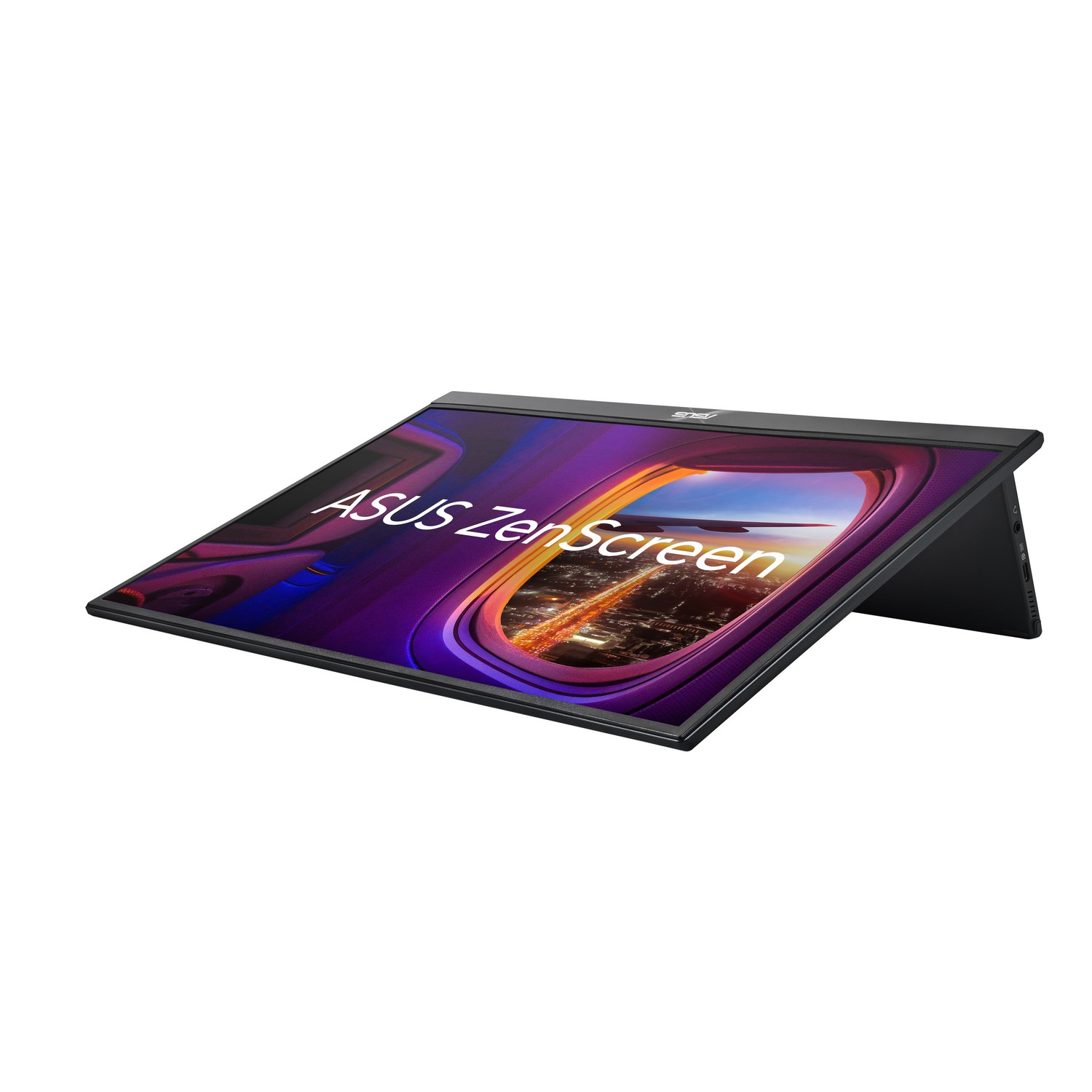 Moniteur portable ASUS ZenScreen noir affichant une image. L'écran est incliné.