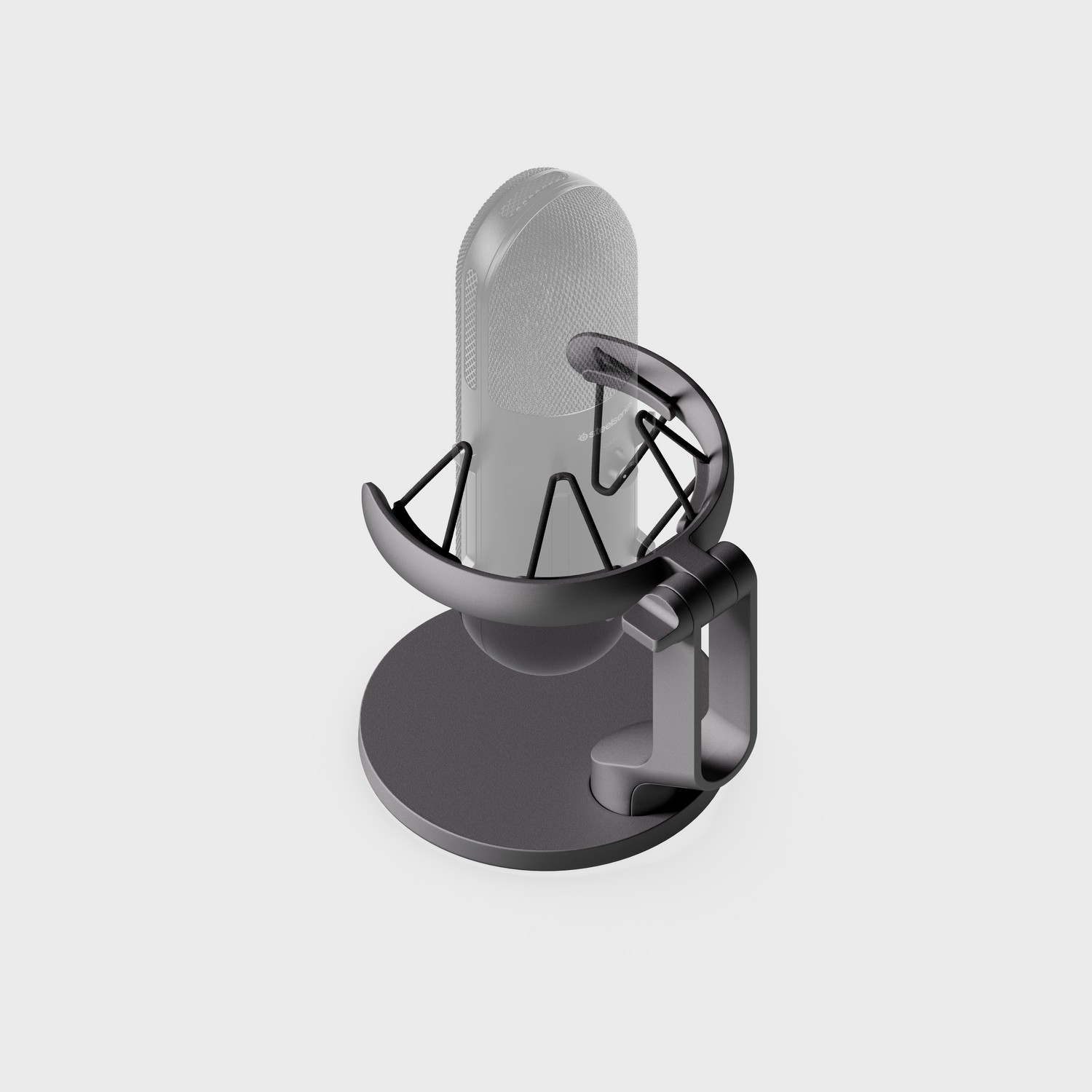 Een zwarte microfoon met een standaard en een popfilter. De achtergrond is grijs.