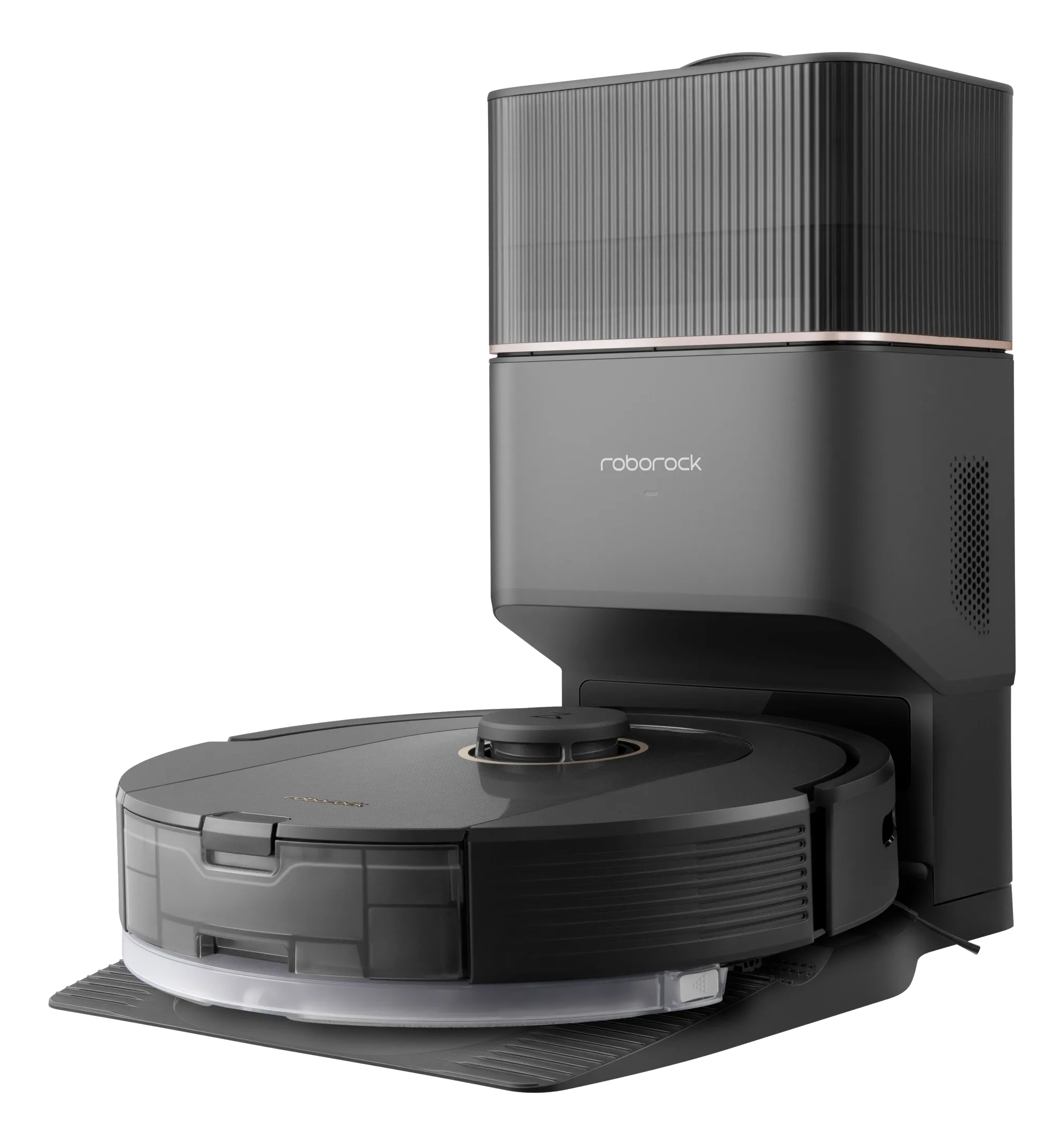 Aspirateur robot Roborock avec un design noir et gris. Comprend une station de charge.