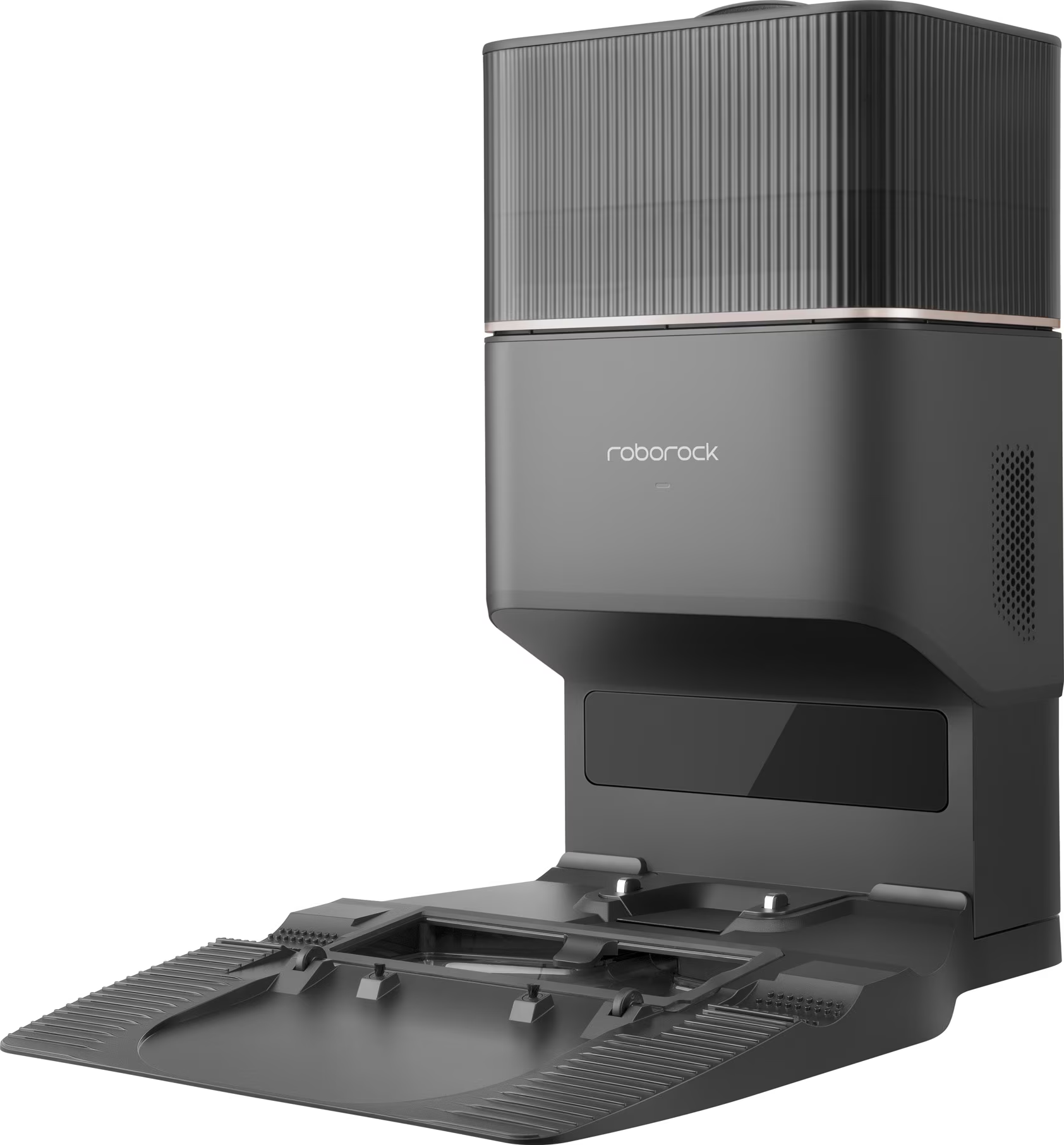 Une station de nettoyage de robot aspirateur grise et noire. Elle a une base de charge et de nettoyage.