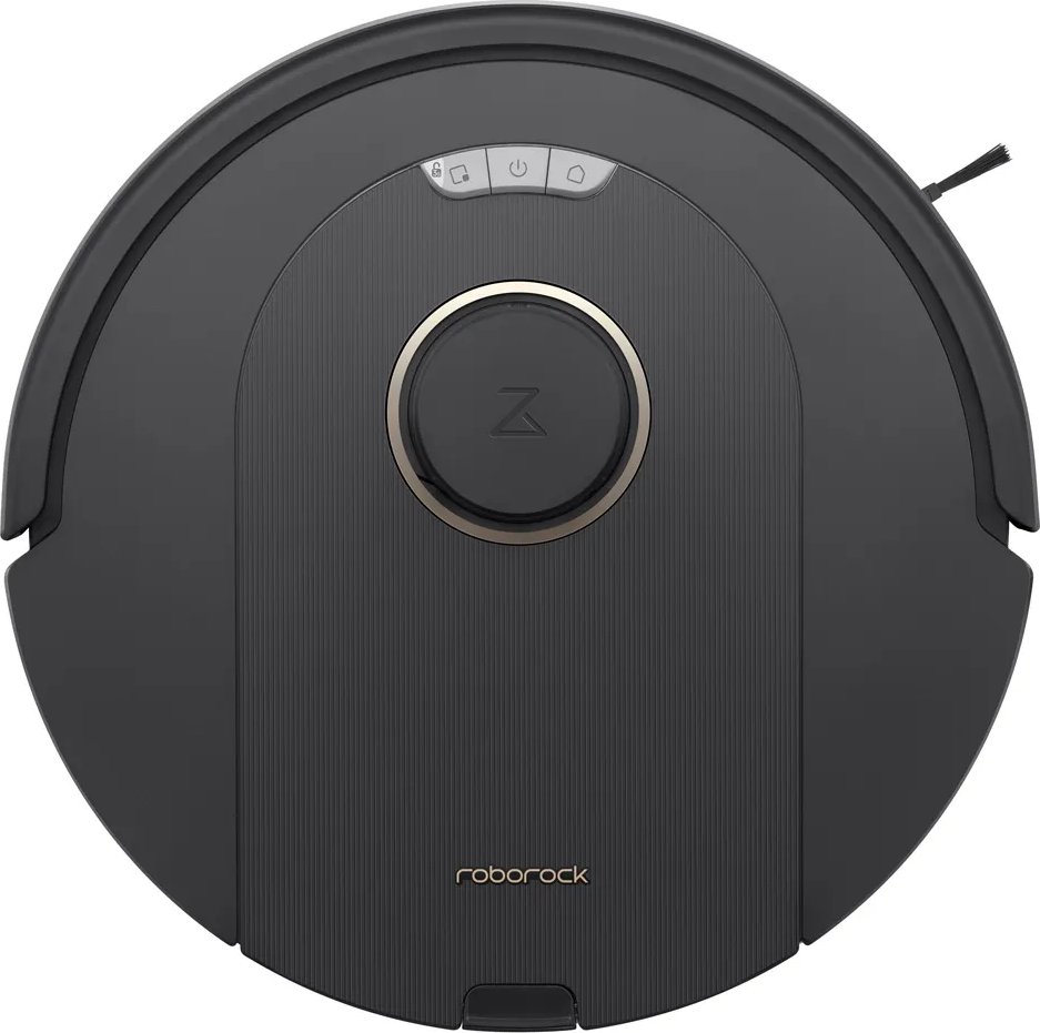 Un aspirateur robot Roborock noir, vue de dessus.