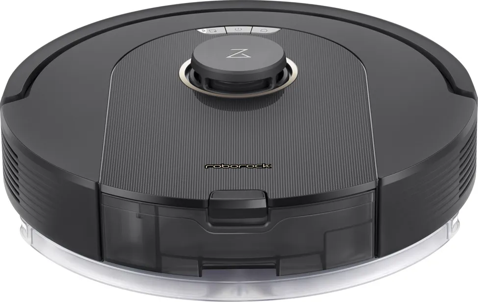 Aspirateur robot, noir, rond, avec un disque central. L'avant a un réservoir d'eau.