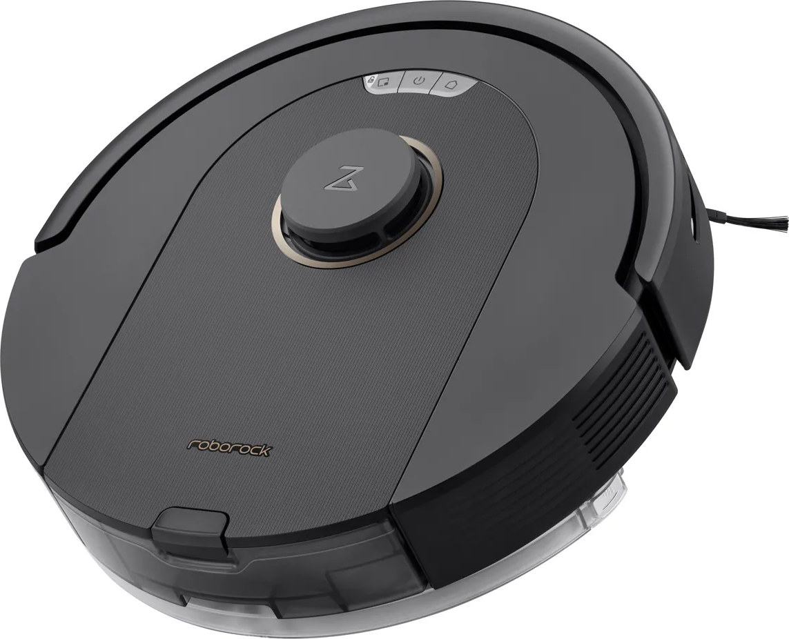 Un aspirateur robot Roborock gris foncé sur une surface blanche, montrant ses détails.