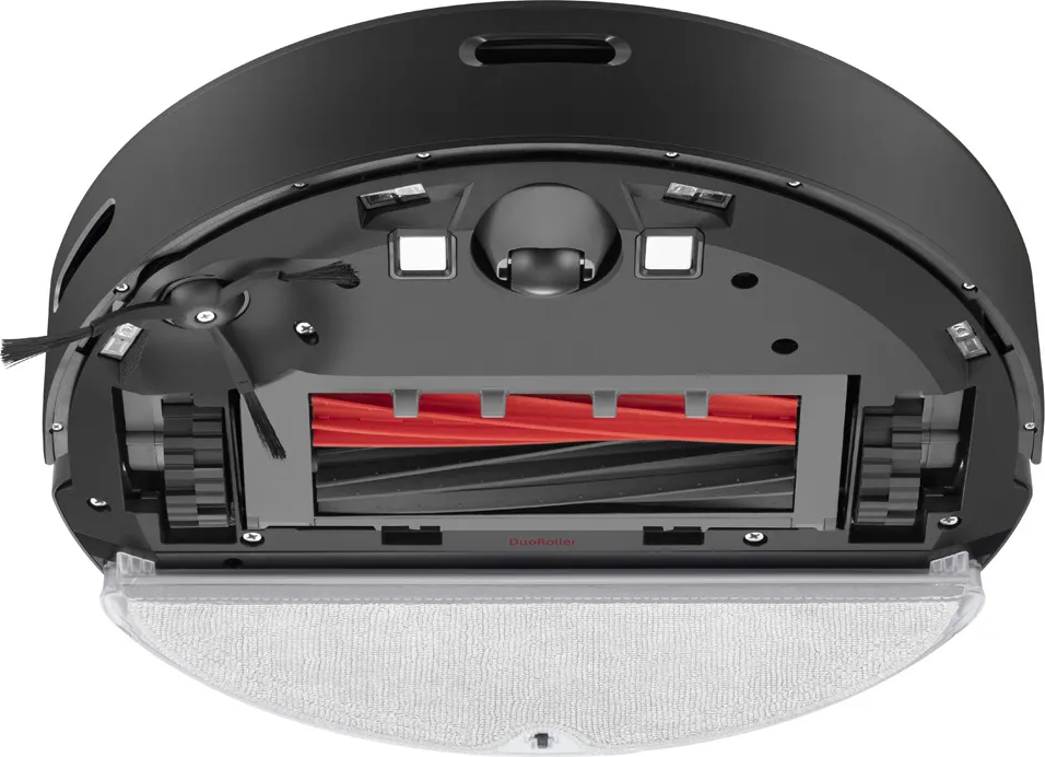 Dessous d'un aspirateur robot noir avec brosse rouge et chiffon blanc.