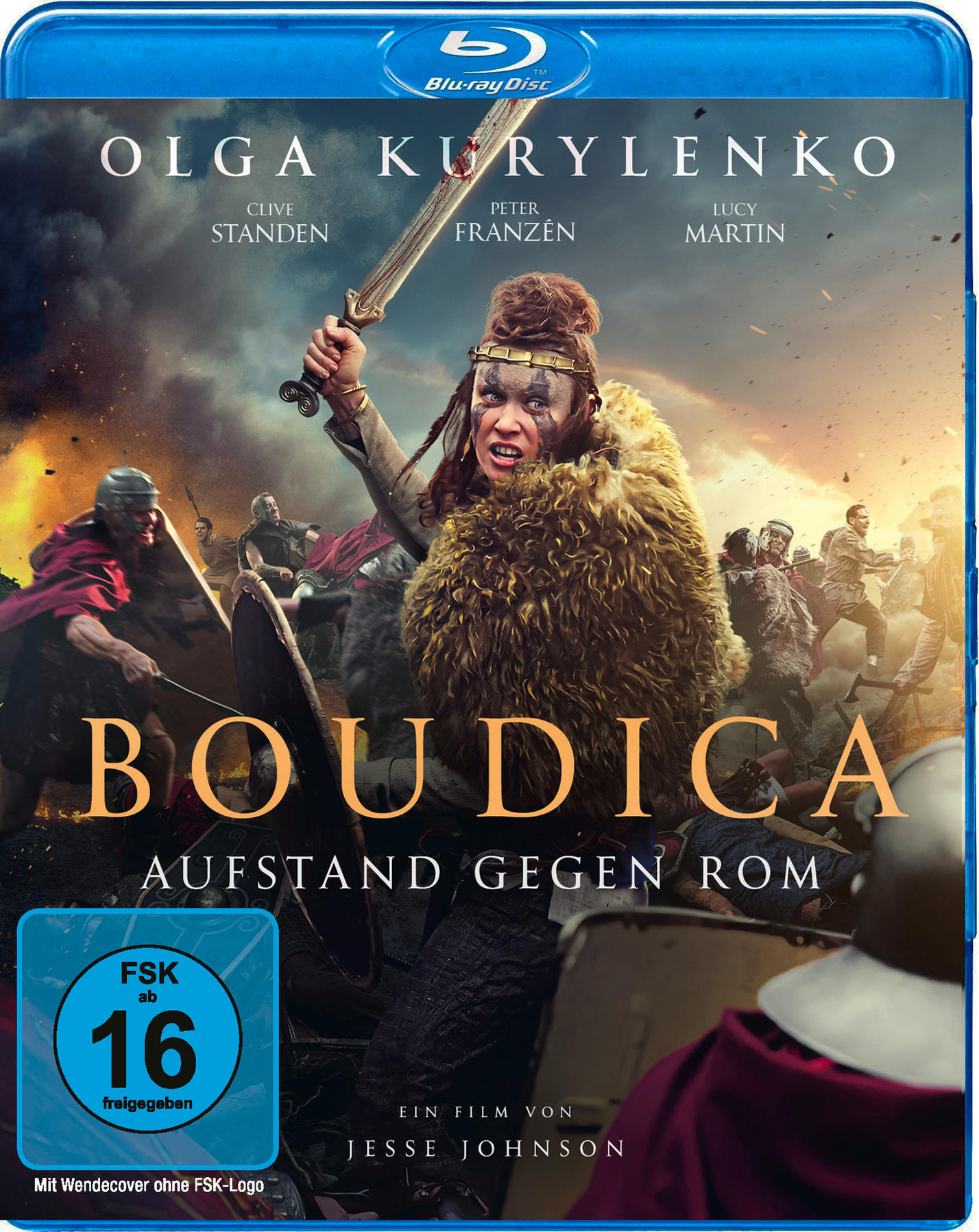 Blu-ray-Cover des Films Boudica. Eine Frau mit Schwert steht vor Soldaten.