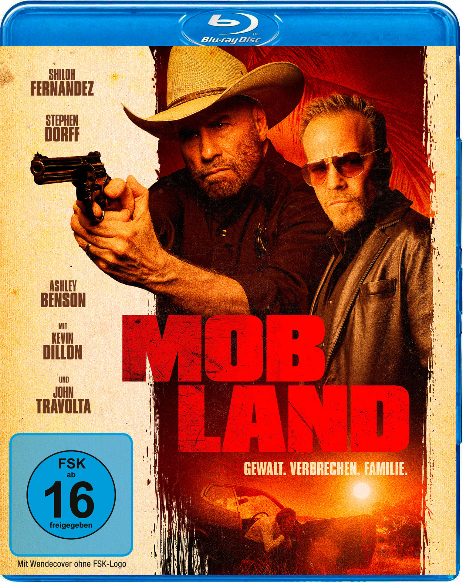 Blu-ray-Cover. Zwei Männer, einer mit einer Waffe und Cowboyhut. Titel: MOB LAND.