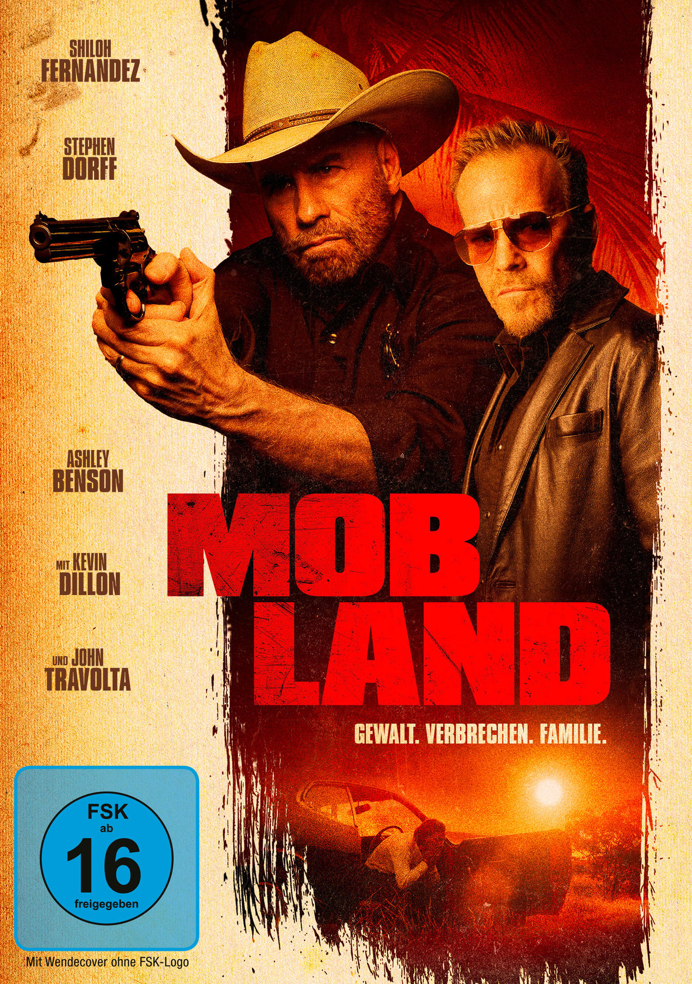 Filmplakat: zwei Männer, Cowboyhut, Sonnenbrille, Titel 'MOB LAND', Pistole, FSK 16 Logo.