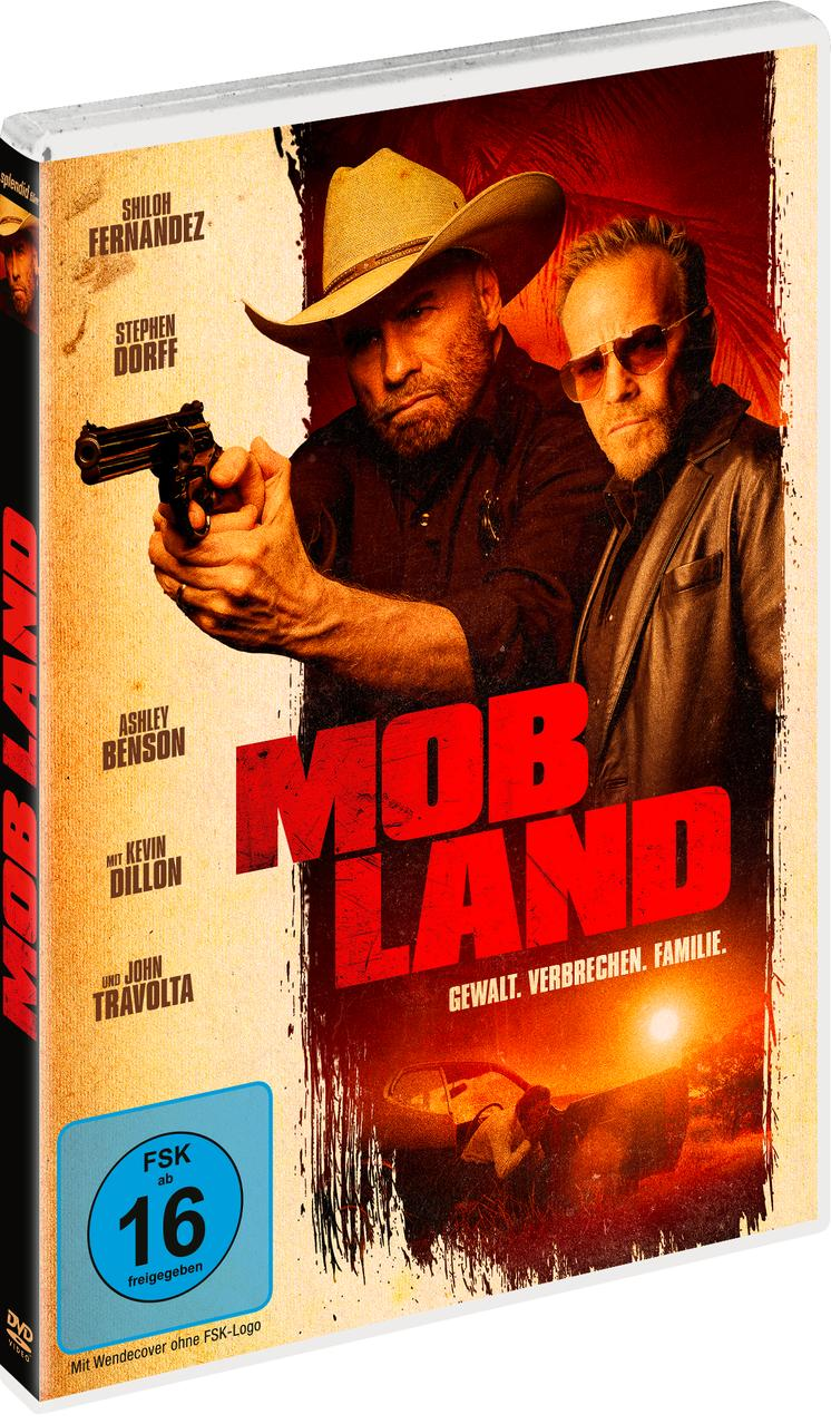 DVD-Hülle mit einem Filmplakat mit zwei Männern mit einer Pistole und dem Titel 'Mob Land'.