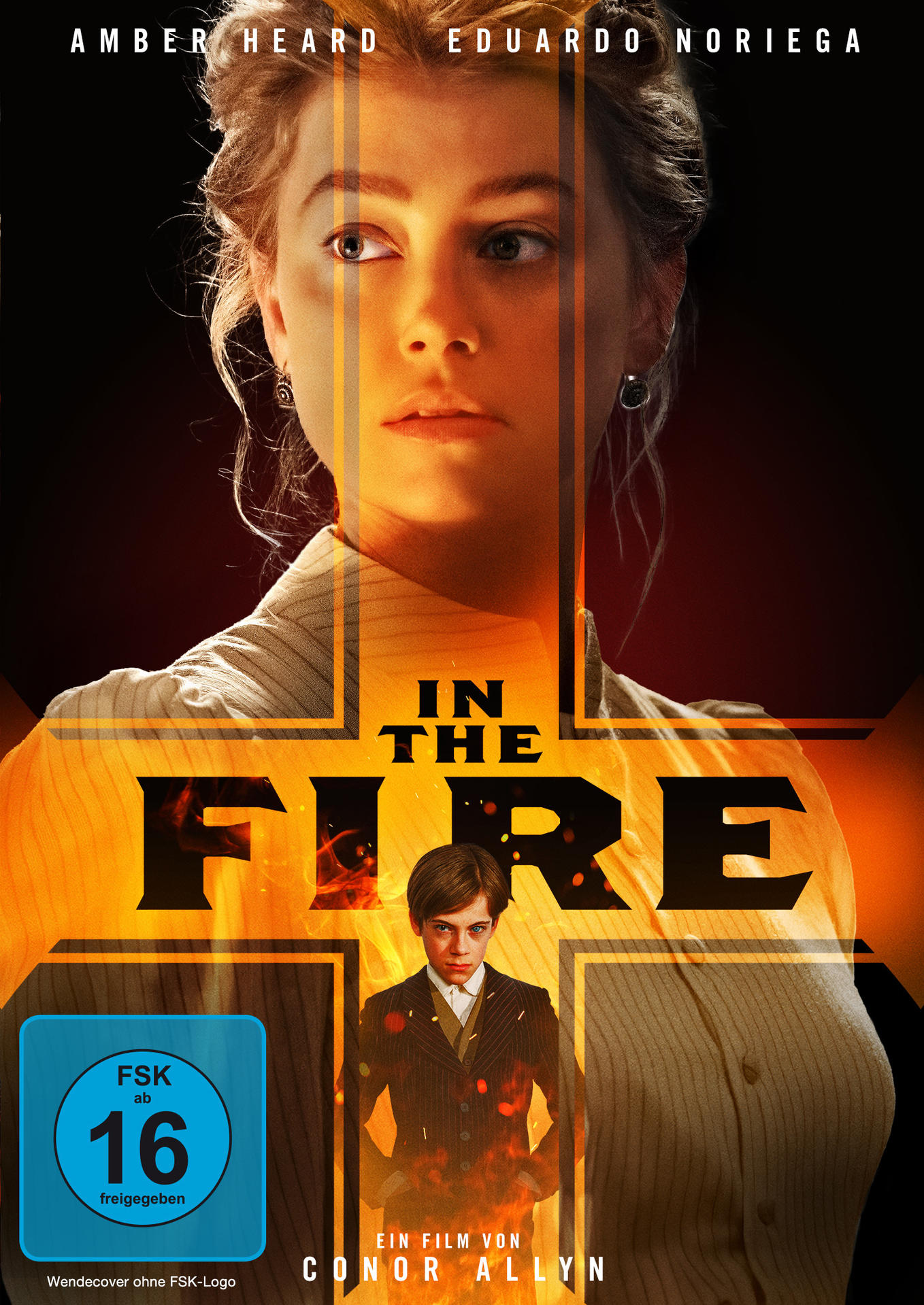 Filmposter mit Amber Heard und einem Jungen, Titel "In The Fire" und FSK 16 Logo.