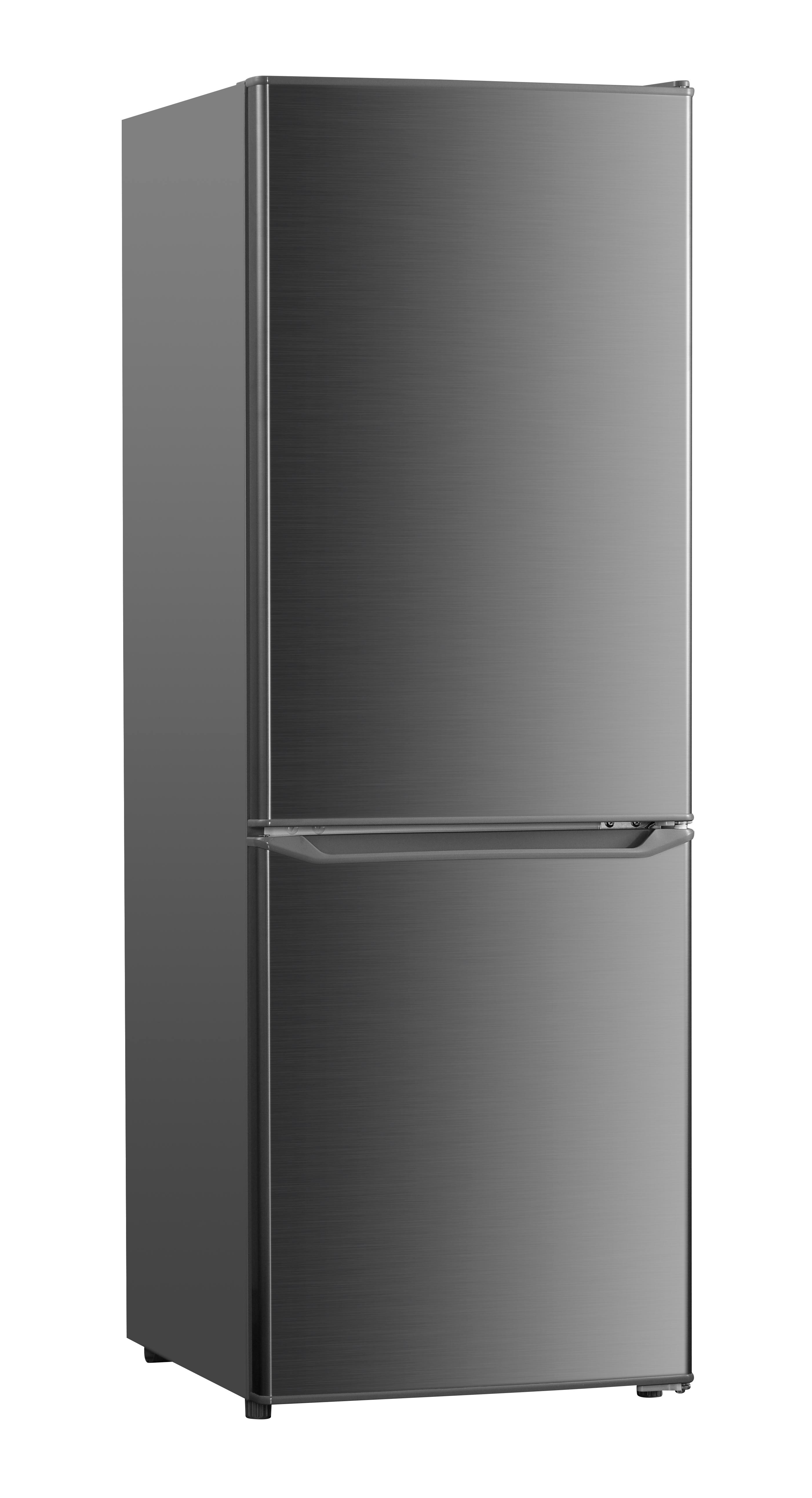 Ein dunkelgrauer Kühlschrank mit Gefrierfach unten. Die Türen sind geschlossen.